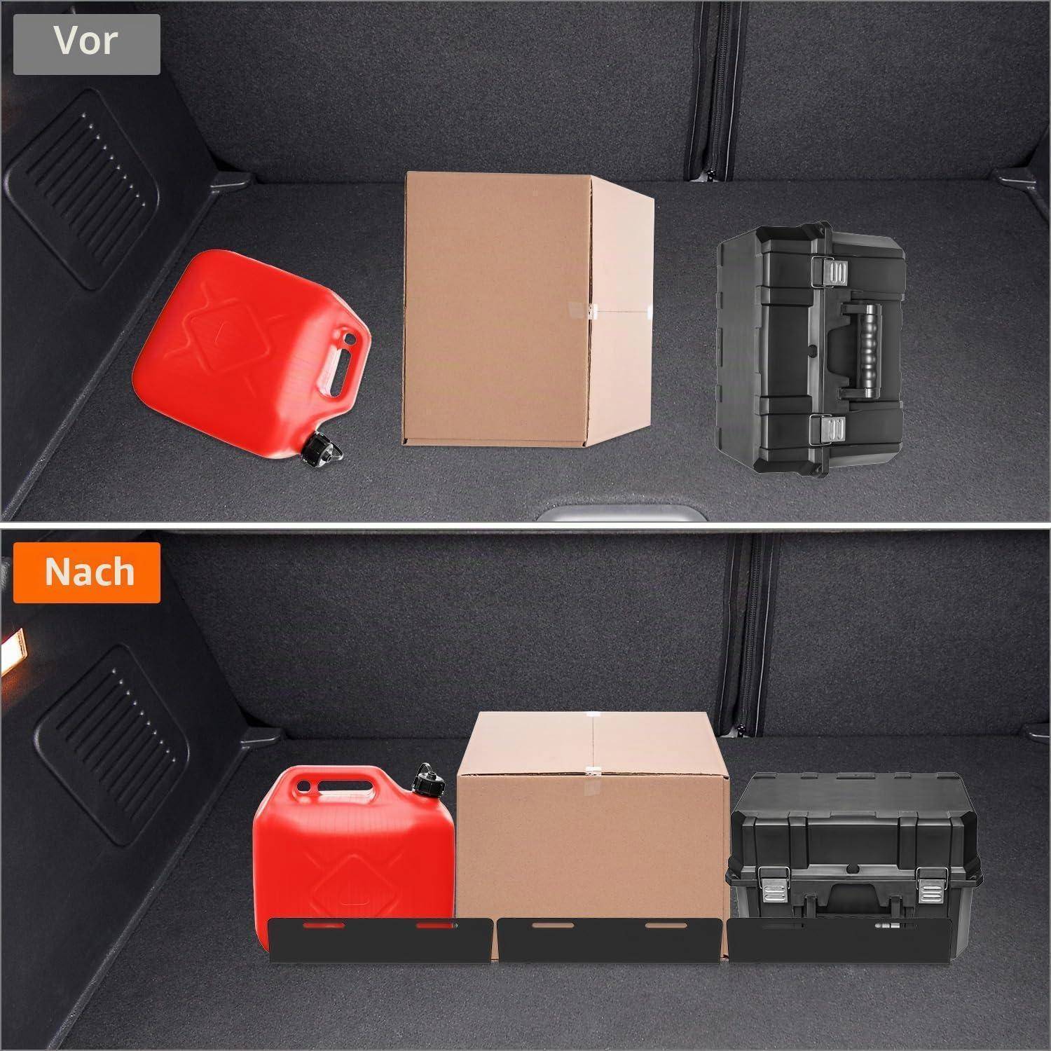 Vorher-und-Nachher-Anordnung der Ladung im Kofferraum eines Autos: Gegenstände werden von chaotisch verstreut zu straff gepackt umgelagert, mit einem roten Benzinkanister, einer Pappschachtel und einer schwarzen Werkzeugkiste.