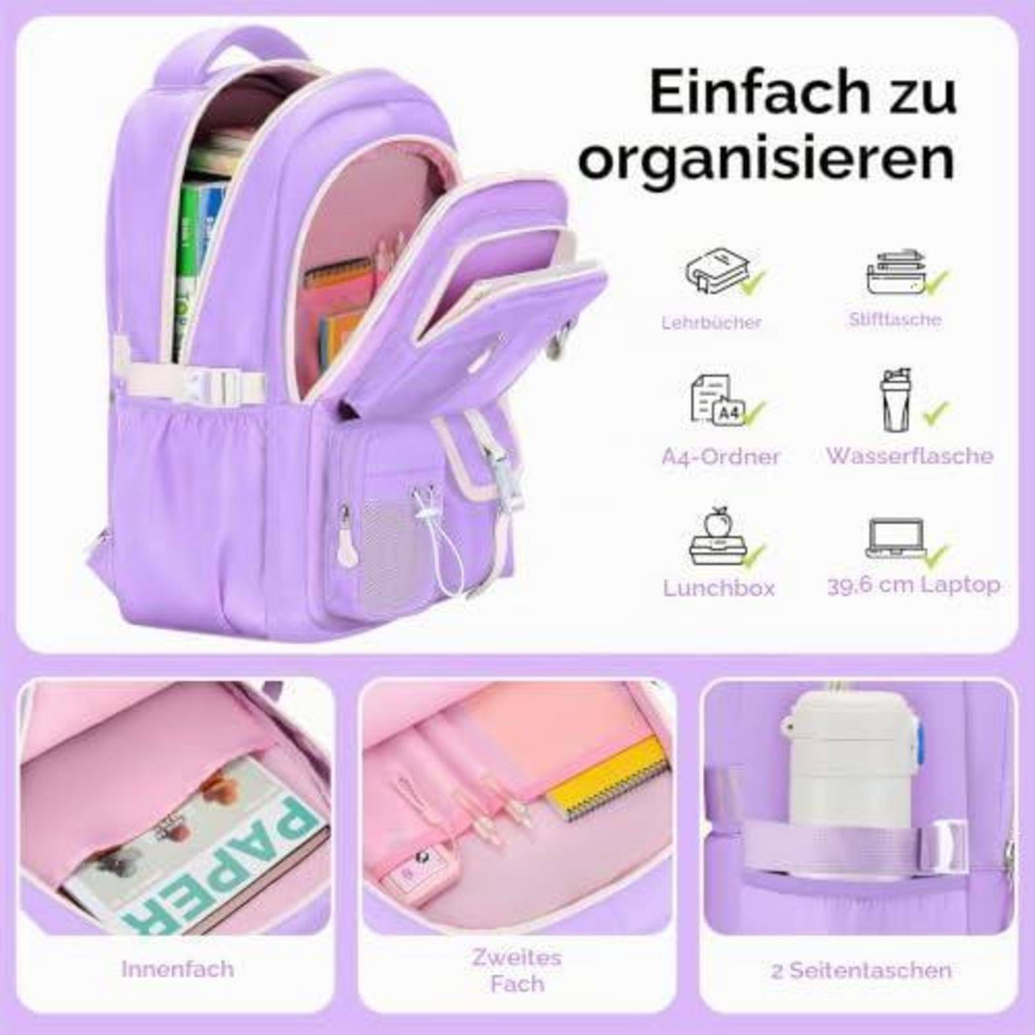 Violetter Schulrucksack mit mehreren Fächern und gekennzeichneten Funktionen unter „Einfach zu organisieren