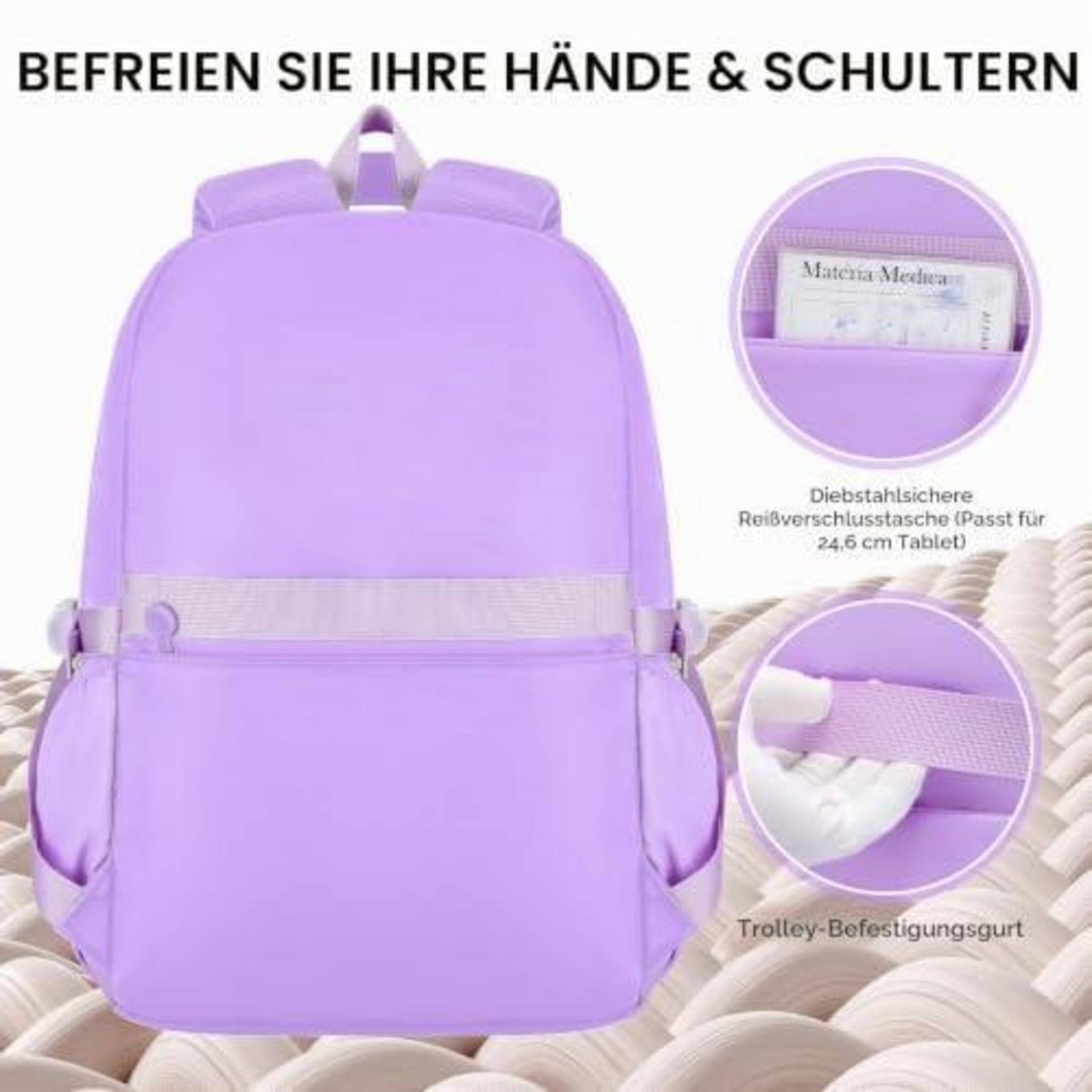 Violetter Rucksack mit deutschem Text, der freihändigen Komfort bewirbt, mit Tablet-Fach und Trolley-Riemen-Befestigungen.
