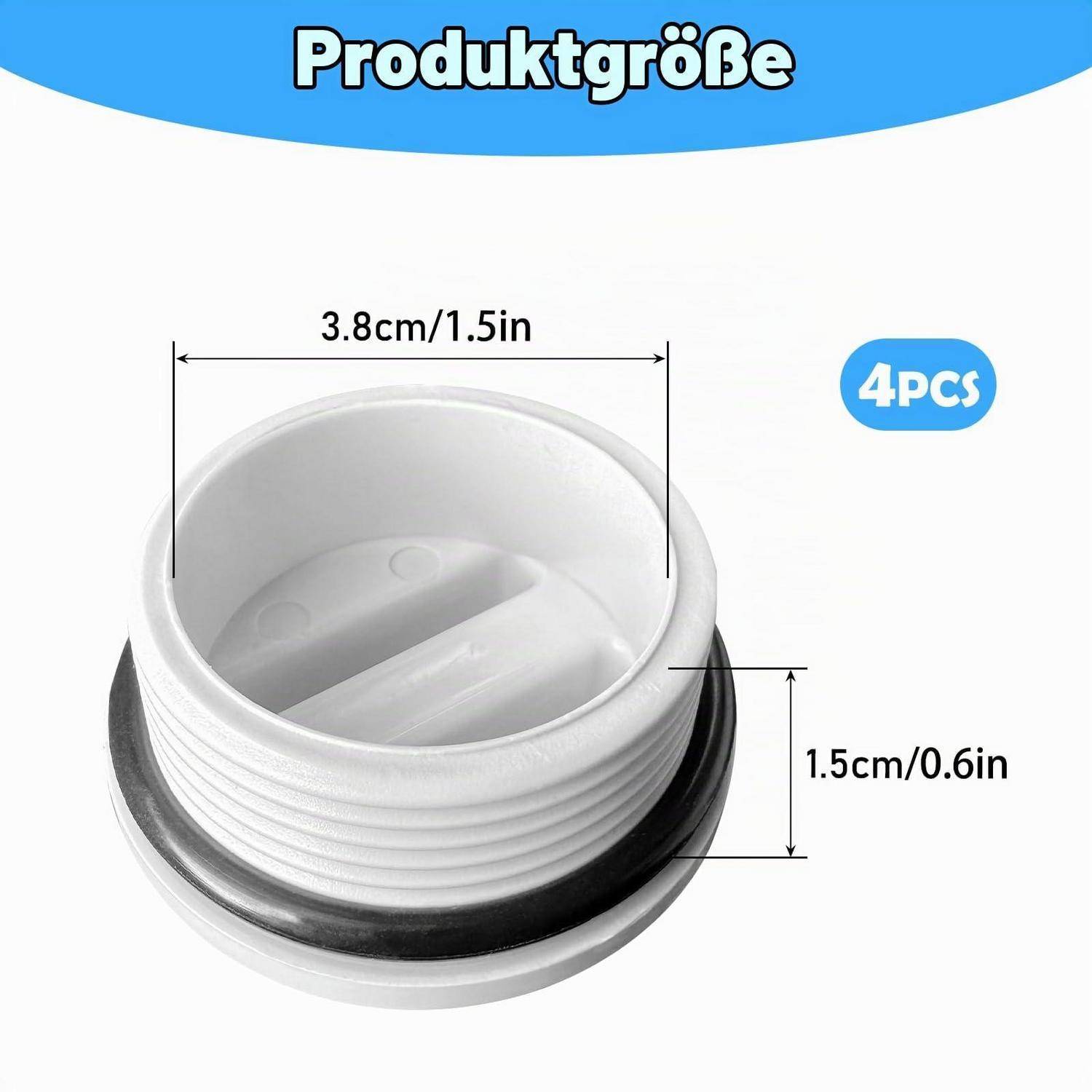 Produktgrößengrafik mit einem weißen runden Kunststoffstöpsel/einer Kappe, beschriftet mit 3,8 cm/1,5 Zoll Breite und 1,5 cm/0,6 Zoll Höhe, mit der Notation „4 Stck