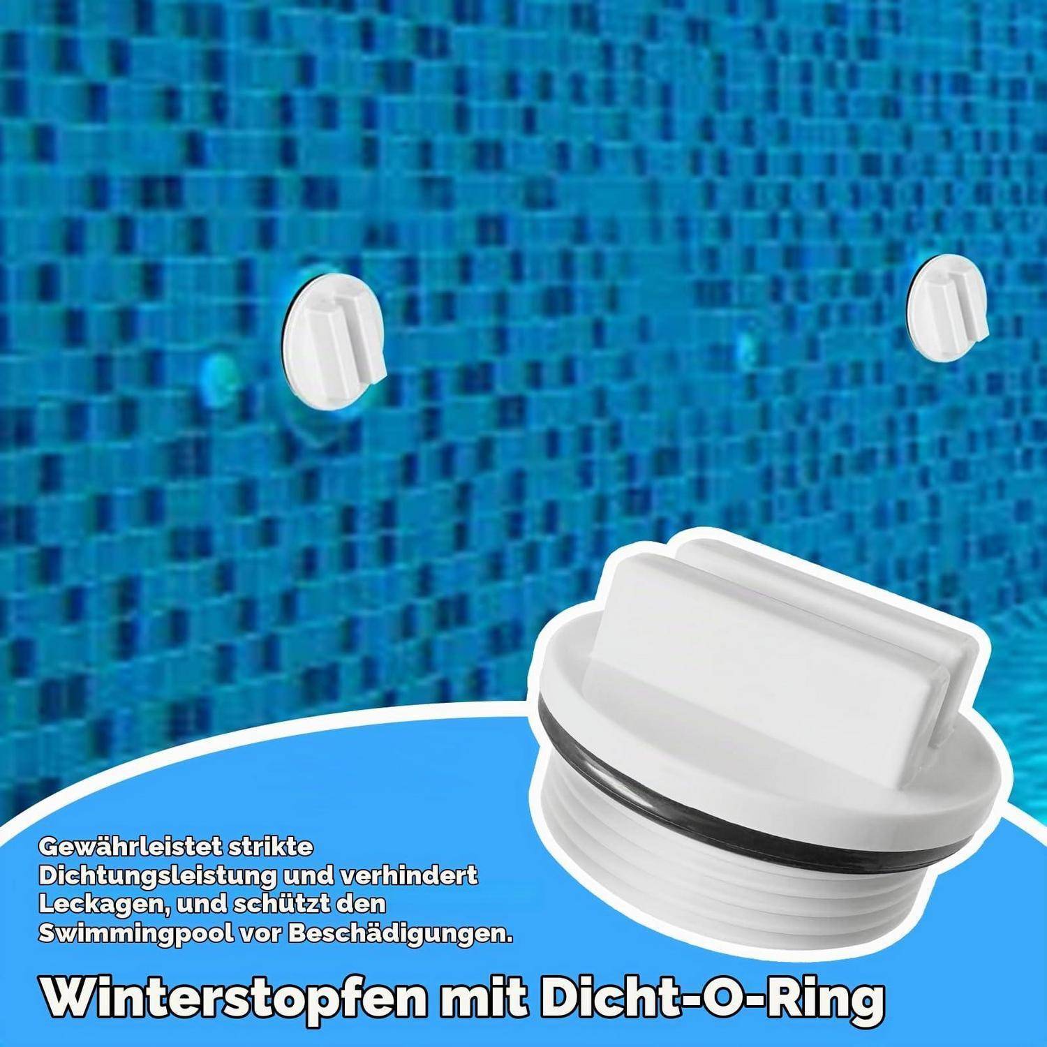 Illustration eines Poolwinterstopfens mit Gummi-O-Ring, gekennzeichnet mit „Winterstopfen mit Dicht-O-Ring