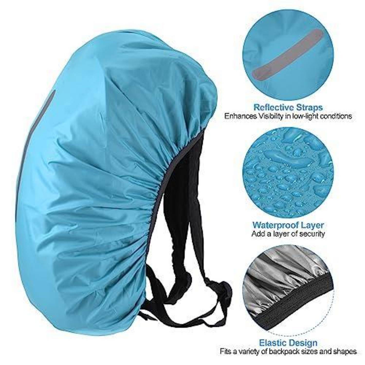 Blauer wasserdichter Rucksacküberzug mit schwarzen Riemen, gezeigt mit Hinweisen auf reflektierende Riemen, wasserdichte Schicht und elastische Passform.
