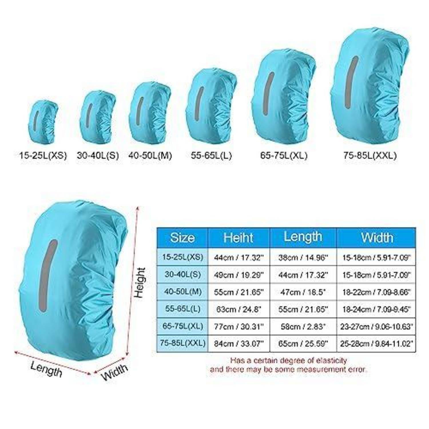Größentabelle für Rucksack-Regenschutzhüllen mit sechs Größen von 15-25L (XS) bis 75-85L (XXL), mit Abmessungen für Höhe, Länge und Breite.