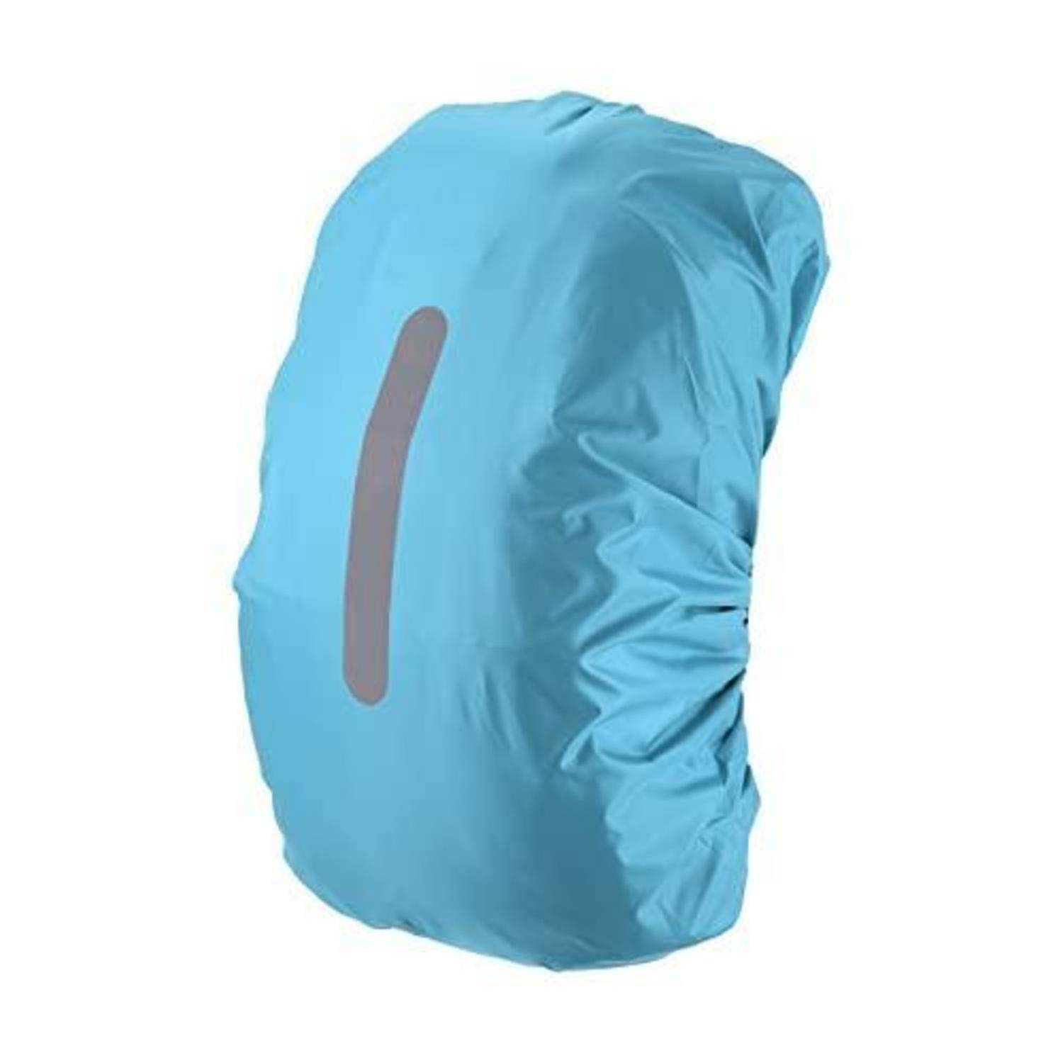 Blauer wasserdichter Rucksacküberzug mit reflektierendem vertikalem Streifen, gezeigt auf weißem Hintergrund.