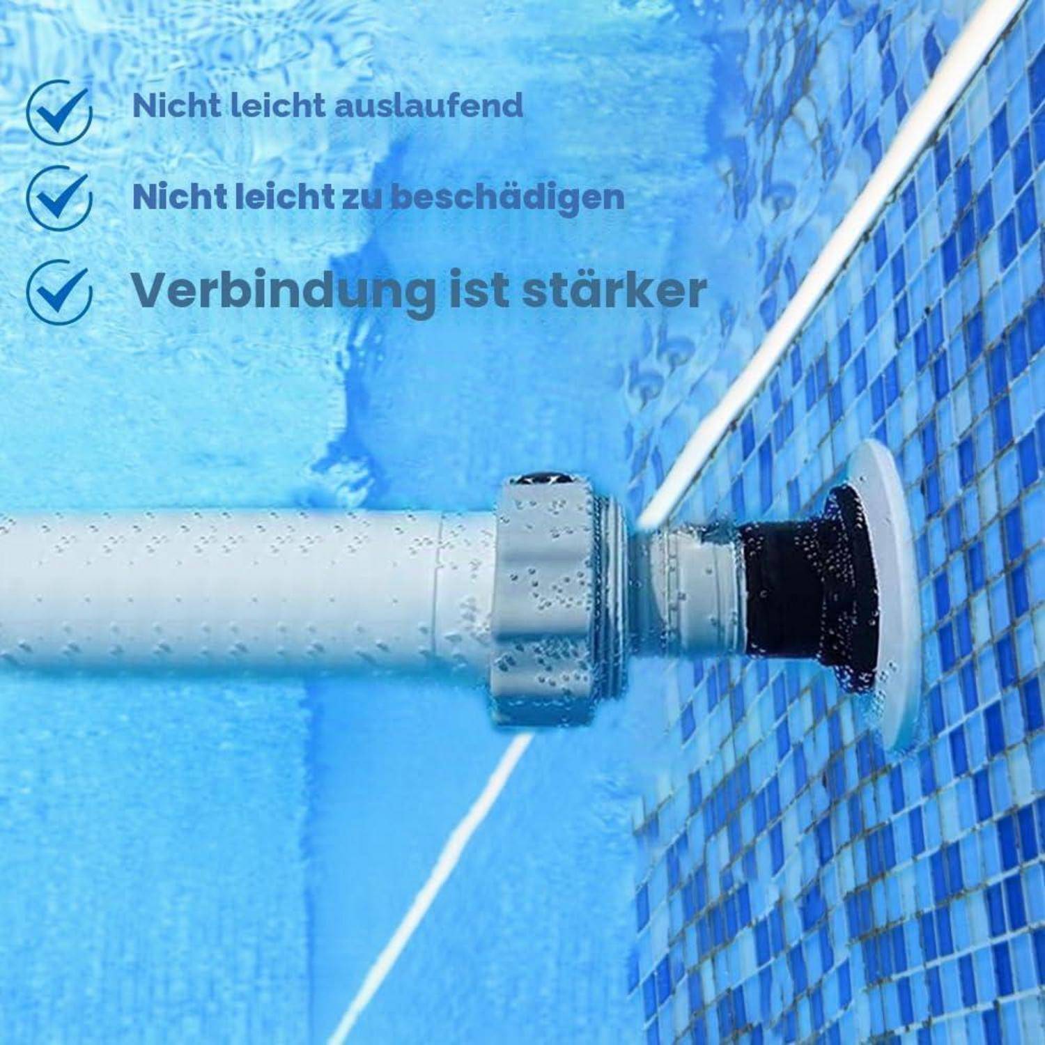 Nahaufnahme eines Poolschlauch-Anschlussverbinders, der gegen eine geflieste Wand abgedichtet wird, mit deutschem Text, der besagt, dass er nicht leicht undicht wird oder beschädigt wird und die Verbindung stärker ist.