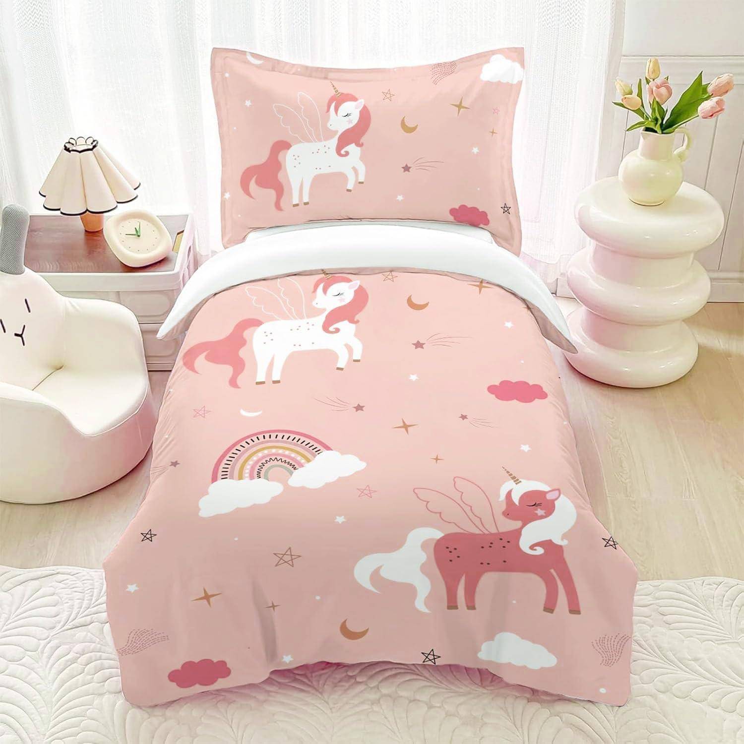 Rosa Einhorn-Design-Bettwäsche mit passendem Kissen in einem hellen, pastellfarbenen Kinderzimmer.
