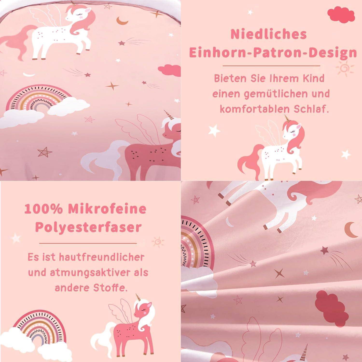 Rosa Kinderbettwäschestoff mit Einhörnern, Regenbögen, Wolken und Sternen; deutscher Text bewirbt ein niedliches Einhornmuster und 100% Mikrofaser-Polyester.