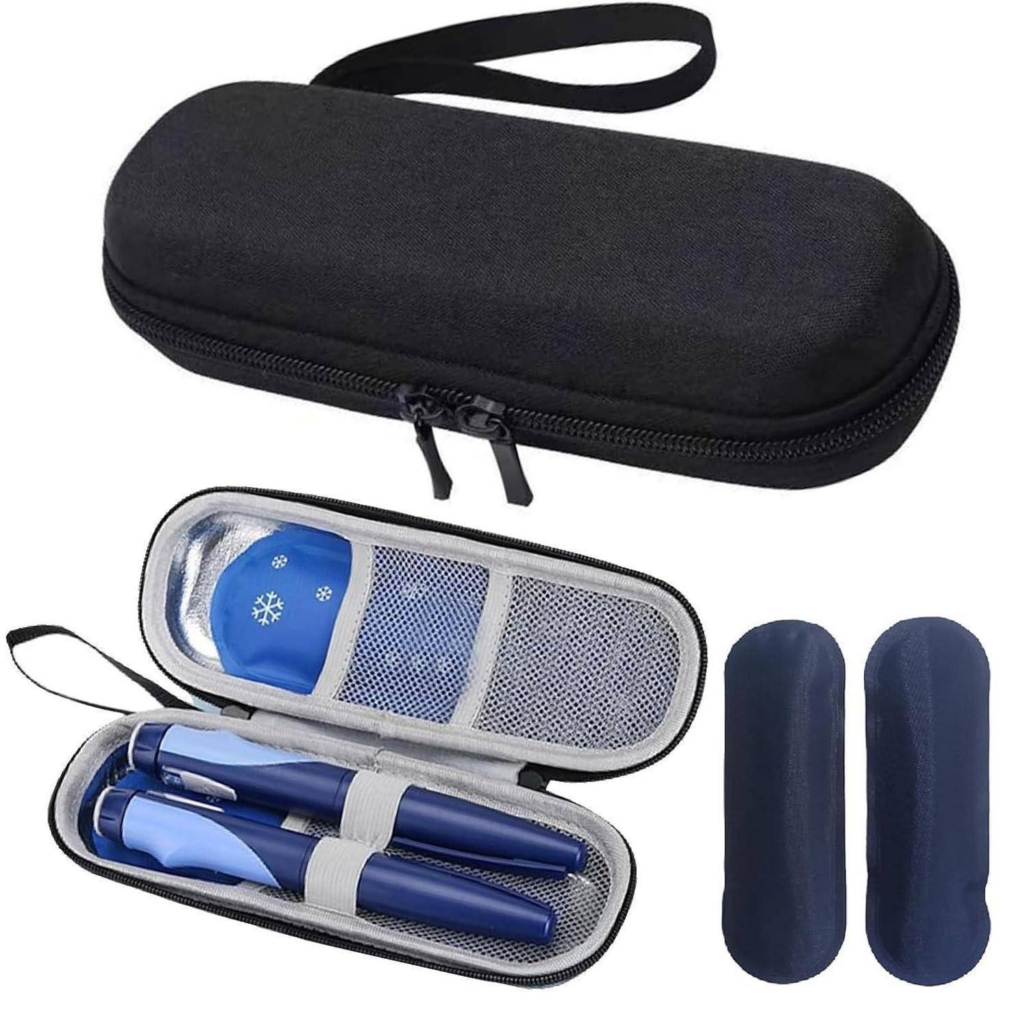 Schwarze Tragetasche mit Reißverschluss und Riemen, plus eine offene Tasche mit einem blauen Gerät, einem Stift und zwei blauen Schutzschläuchen.