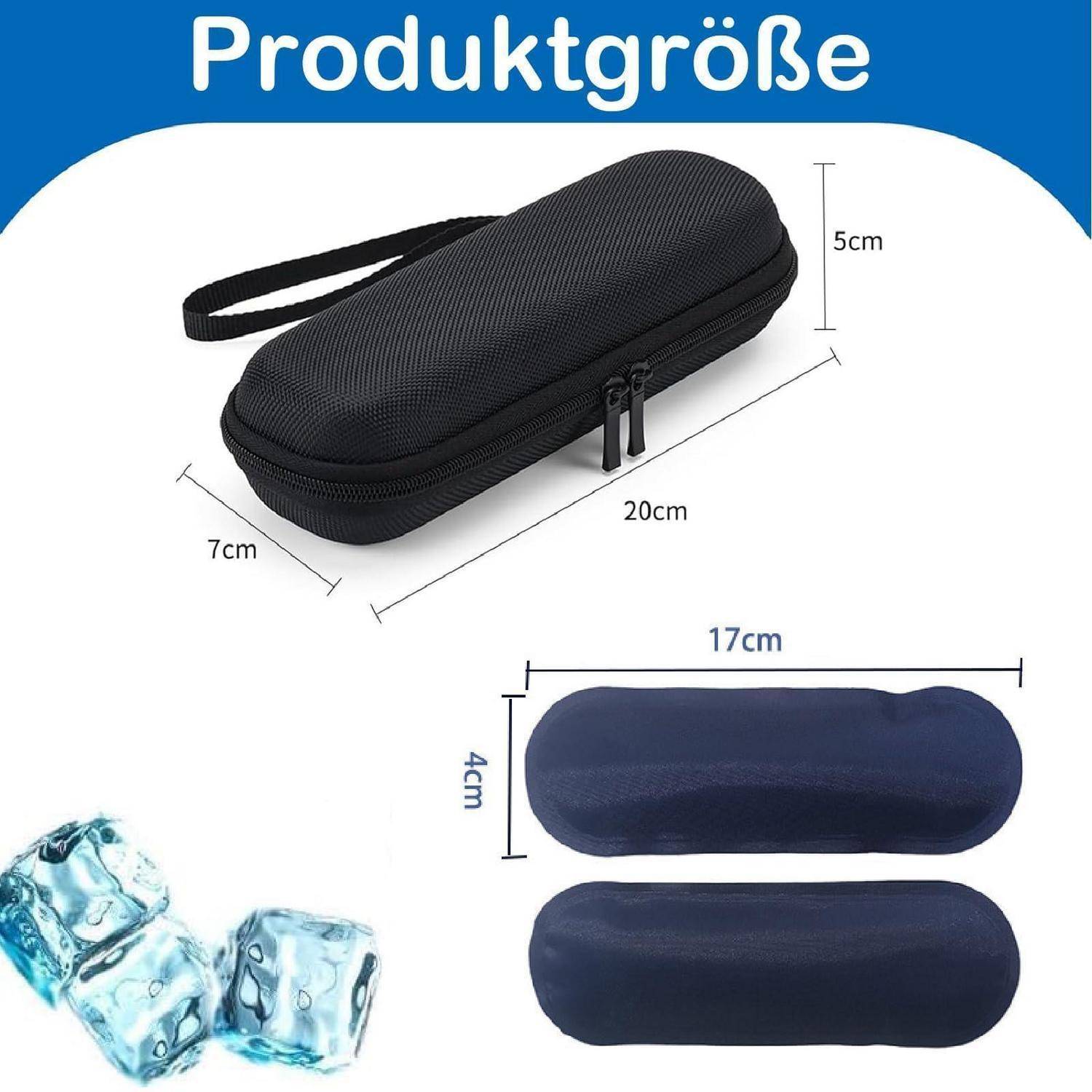 Produktgrößendiagramm mit einem schwarzen verschlossenen Tragekoffer von 20 cm Länge, 7 cm Breite, 5 cm Höhe und zwei blauen Schlauchformen mit den Maßen 17 cm mal 4 cm.