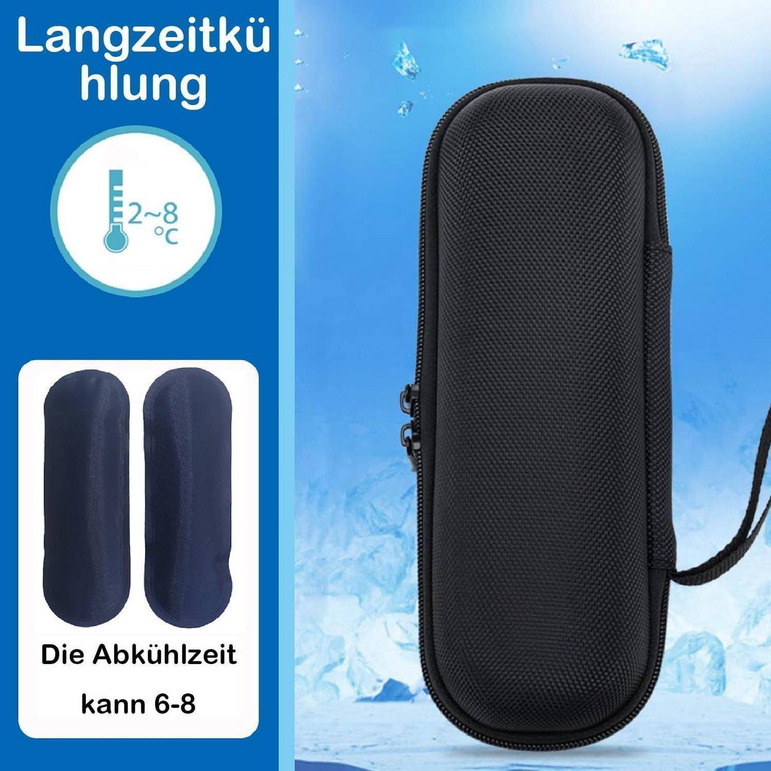 Schwarzer isolierter Transportkoffer, gezeigt für Langzeitkühlung; Text sagt „Langekühlung", 2–8 °C, und Kühlzeit kann 6–8 Stunden betragen.