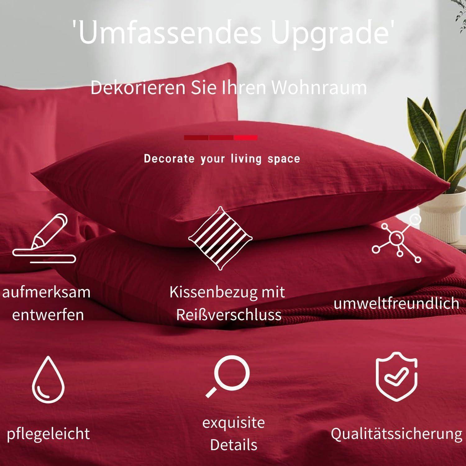 Rotes Bettwäscheset mit Kissen auf einem Bett, überlagert mit deutscher und englischer Werbetexte über eine Wohnraumverbesserung, Reißverschlussbezug, umweltfreundlich, pflegeleicht und Qualitätssicherung.