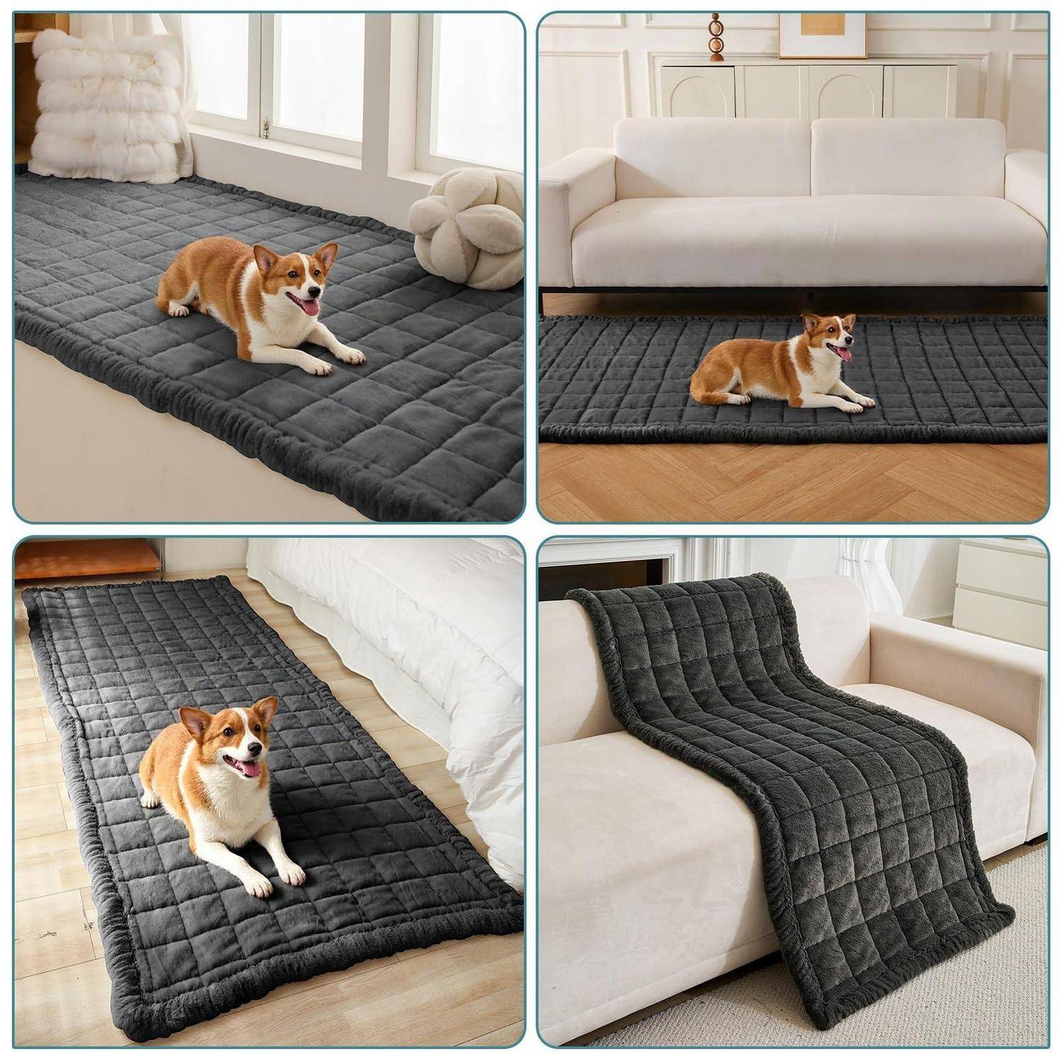 Vier Fotos zeigen eine dunkelgraue gesteppte Haustiermatte, die auf einem Bett, Boden und Sofa verwendet wird, mit einem kleinen Hund, der darauf liegt, und eine über einem Sofa drapiert ist.