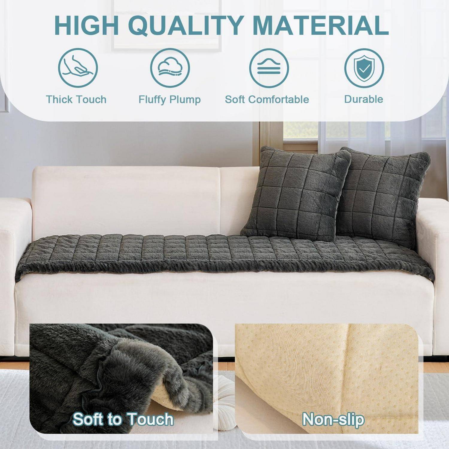 Werbebild einer dunklen gesteppten Sofabezug auf einem weißen Sofa, mit der Beschriftung „HOCHWERTIGES MATERIAL