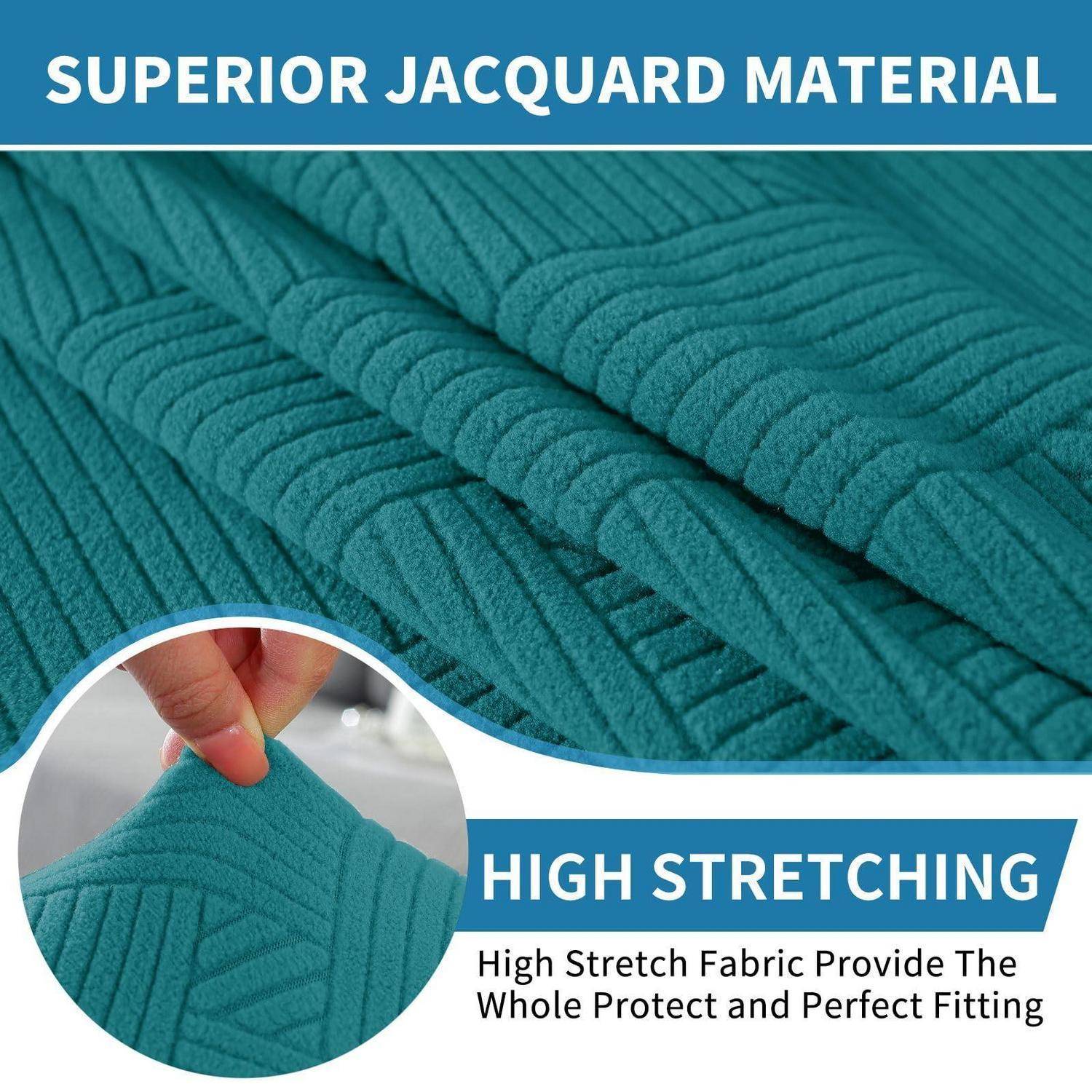 Werbegrafik mit texturiertem Jacquard-Stoff in Blaugrün und einer Nahaufnahme von Fingern, die das Material dehnen; Text liest sich als „ÜBERLEGENES JACQUARD-MATERIAL" und „HOHE DEHNBARKEIT"" mit einer Notiz über schützendes, perfekt sitzendes Stretch-Gewebe.