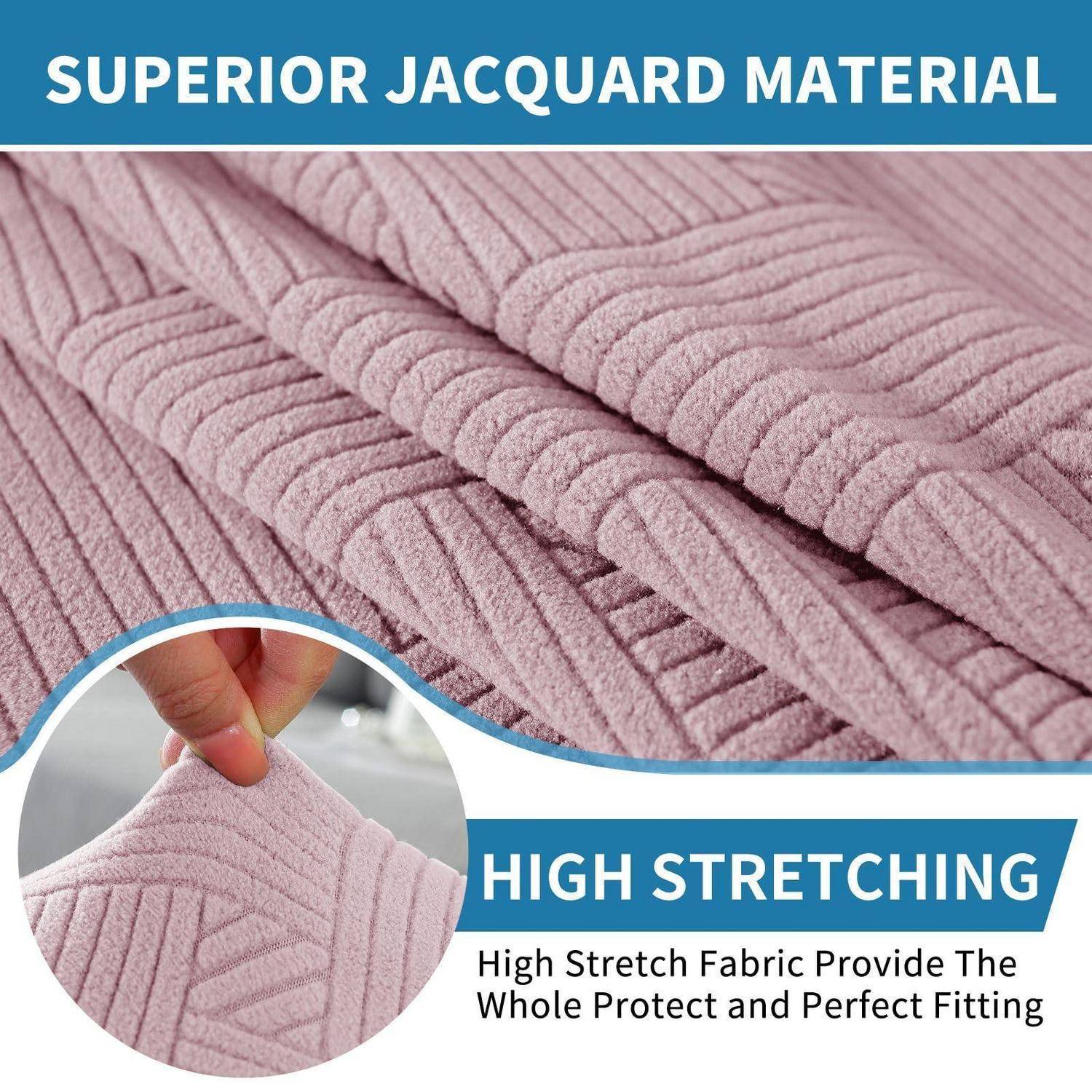 Werbebild aus rosa Jacquard-Stoff mit detaillierter Texturaufnahme, beschriftet mit „HOCHWERTIGES JACQUARD-MATERIAL" und „HOHE ELASTIZITÄT"", das einen dehnbaren, enganliegenden Stoff hervorhebt.