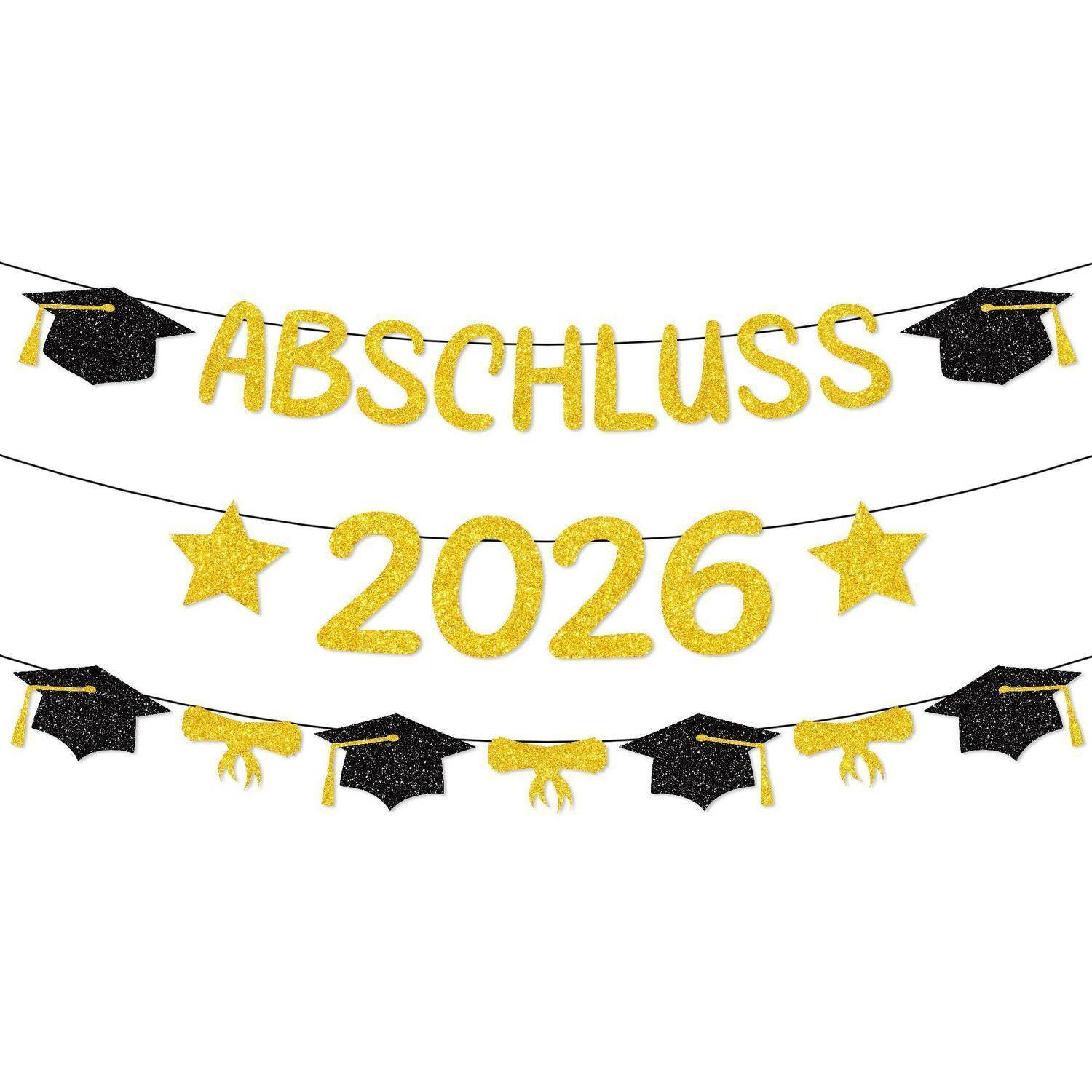 Abschluss Girlande 2026 Schwarz Gold Glitzerkarton