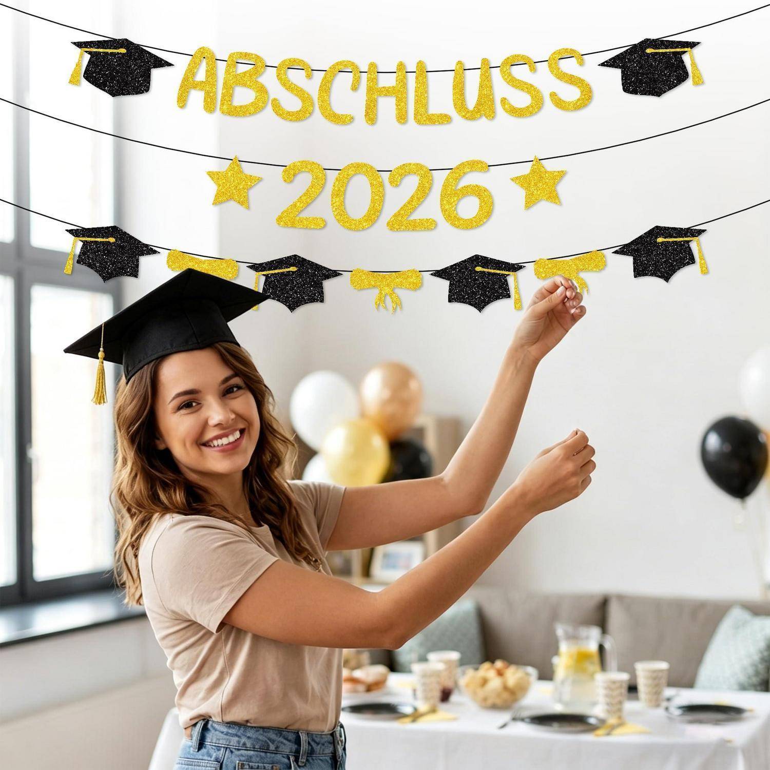 Abschluss Girlande 2026 Schwarz Gold Glitzerkarton
