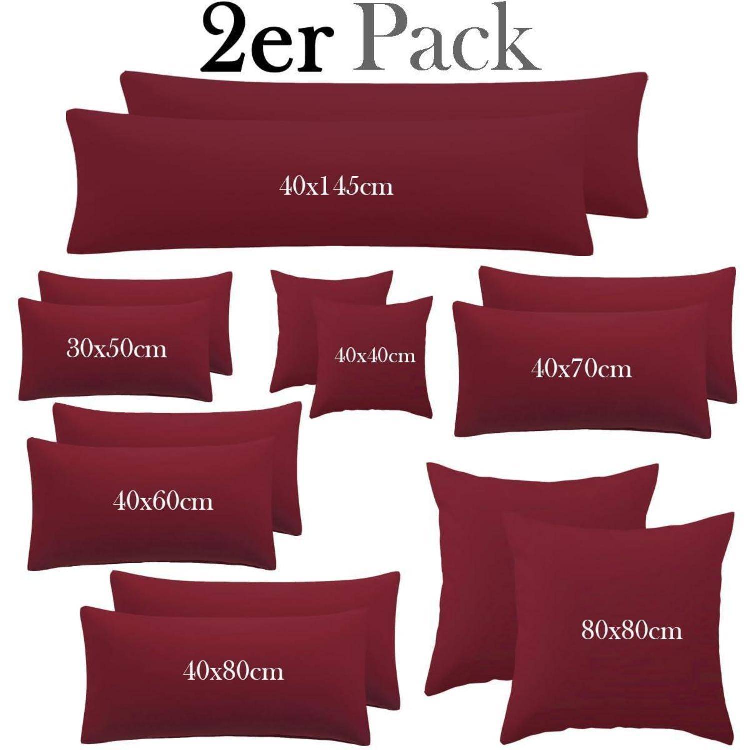 Produktbild, das ein 2-teiliges Kissenbezugset in Weinrot in mehreren Größen zeigt: 40x145cm, 30x50cm, 40x40cm, 40x70cm, 40x60cm, 40x80cm und 80x80cm.