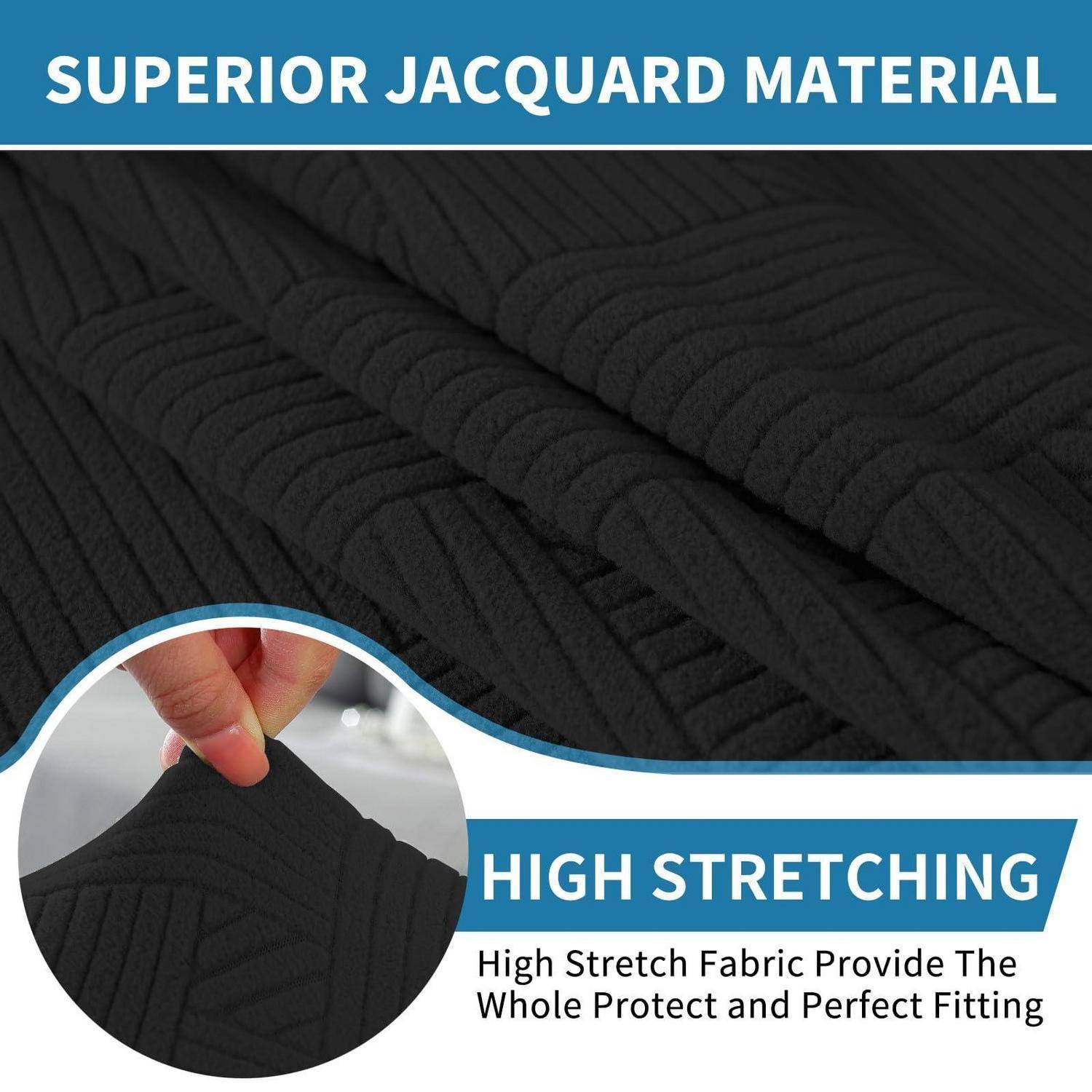 Bewerbungsgrafik aus schwarzem Jacquard-Stoff, der von Hand gedehnt wird, mit den Beschriftungen „Superior Jacquard Material