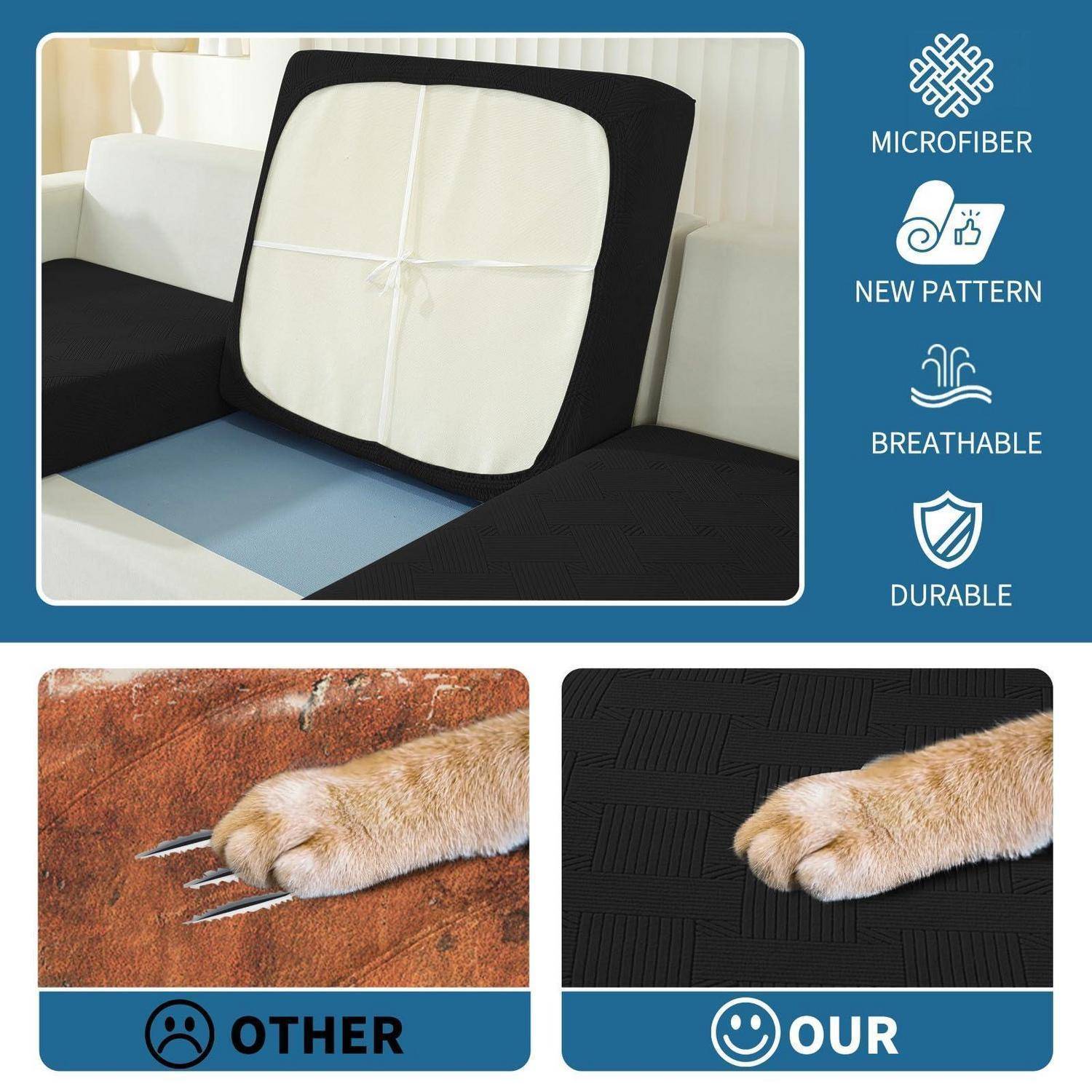 Produktpromotion mit einer Mikrofaser-Tiermatte mit neuem atmungsaktivem, strapazierfähigem Muster; Vergleichsbilder zeigen andere Matten, die Krallen fangen, während diese Matte ihnen widersteht.