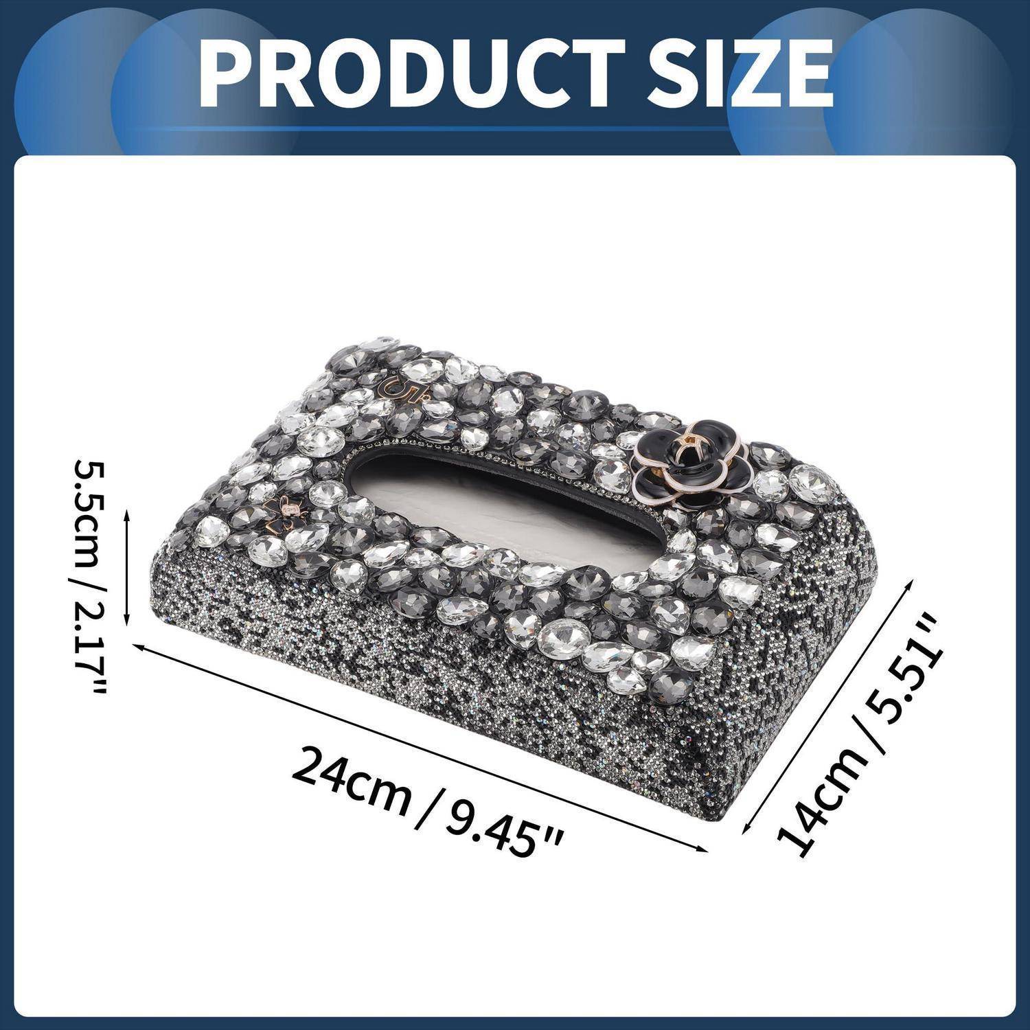 Produktgrößen-Diagramm einer Strass-Taschentuchbox-Abdeckung: 24 cm lang, 14 cm breit, 5,5 cm hoch.