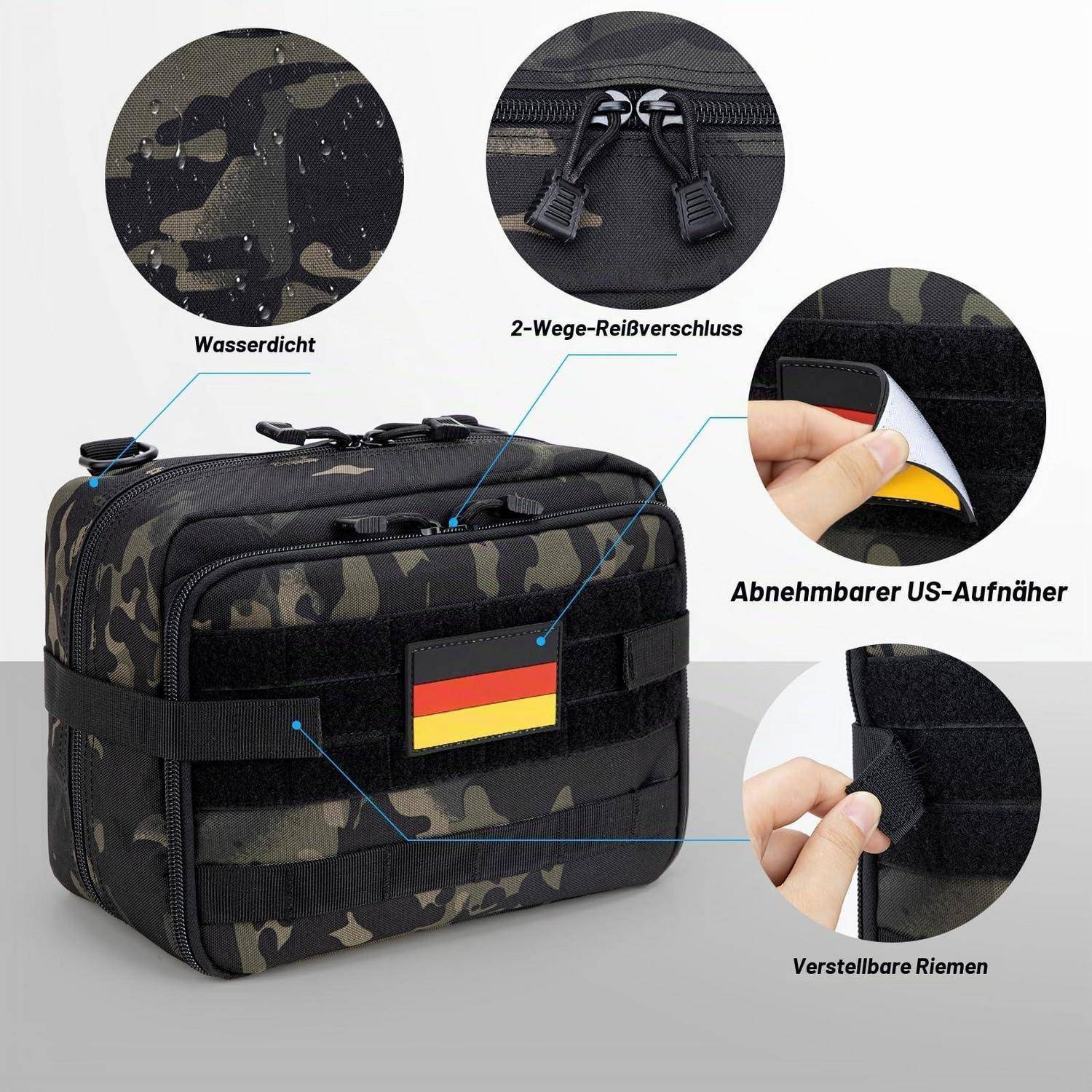 Taktische Tarntasche mit Etiketten, die wasserdichtes Material, Zwei-Wege-Reißverschluss, abnehmbaren US-Patch und verstellbare Riemen zeigen.