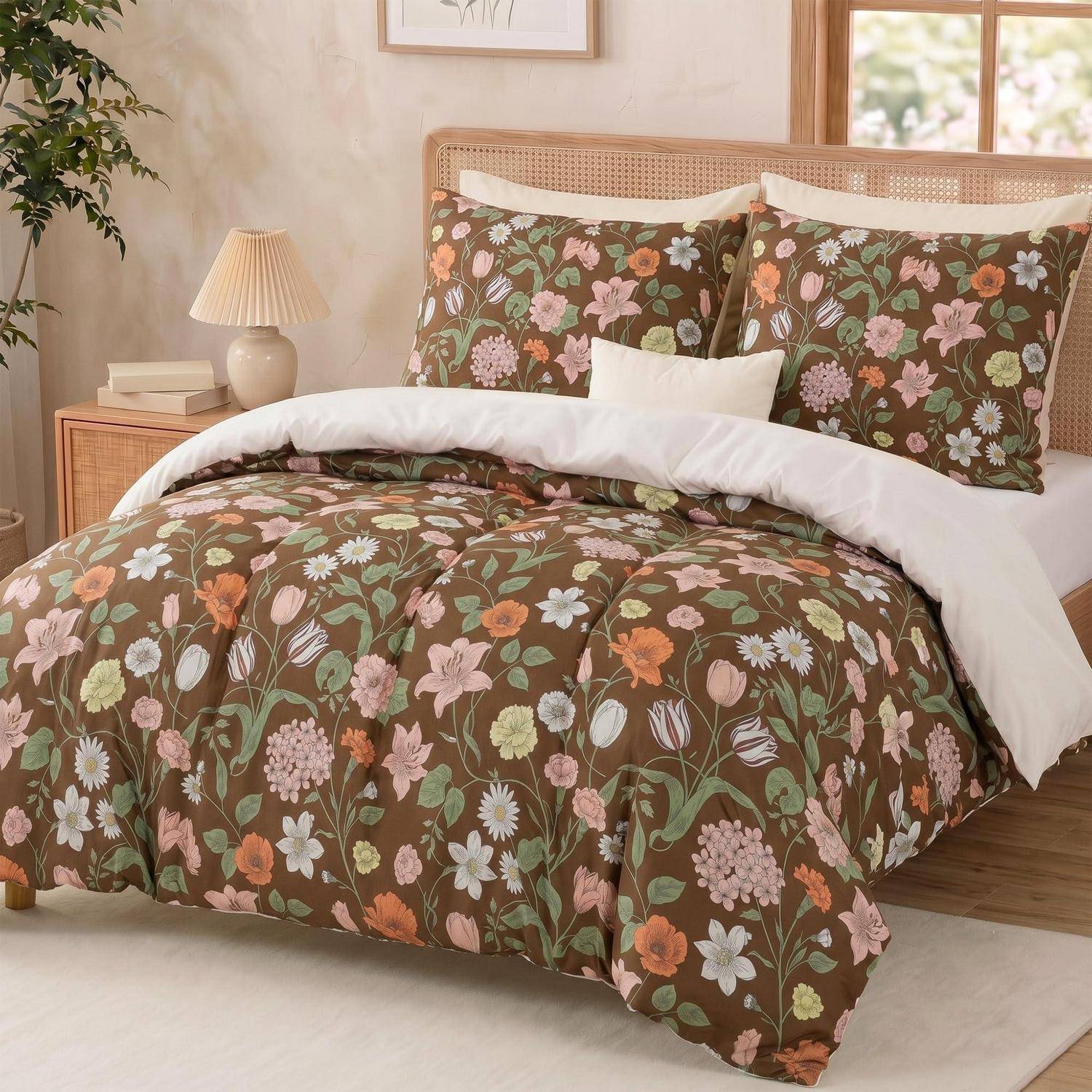 Blumenmustergebettete braune Bettwäsche auf einem ordentlich gemachten Bett in einem hellen Schlafzimmer mit passenden Kissen und weißen Laken.