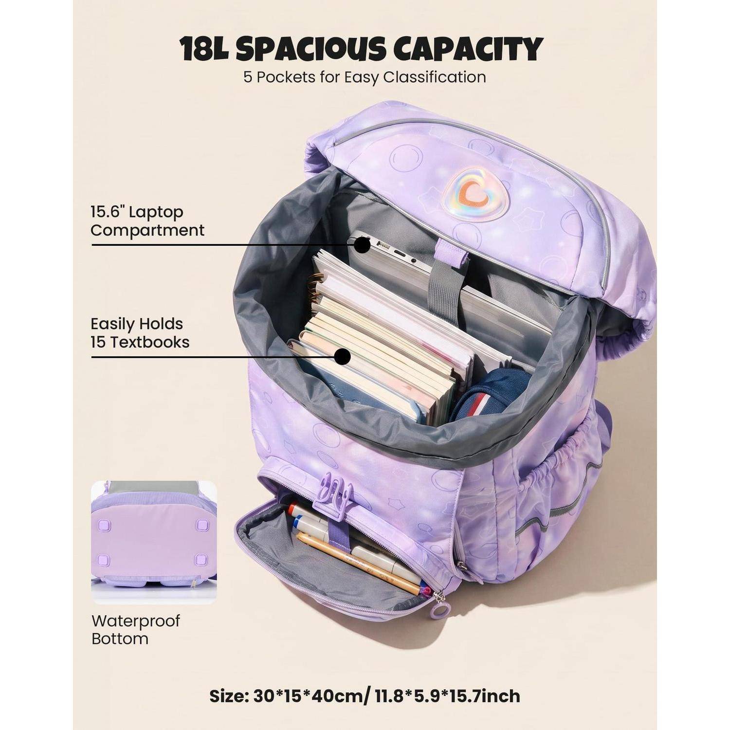 Amythe Schulrucksack Mädchen 1.-5. Klasse, 18L, Lila-Sterne, abnehmbarer Gürtel