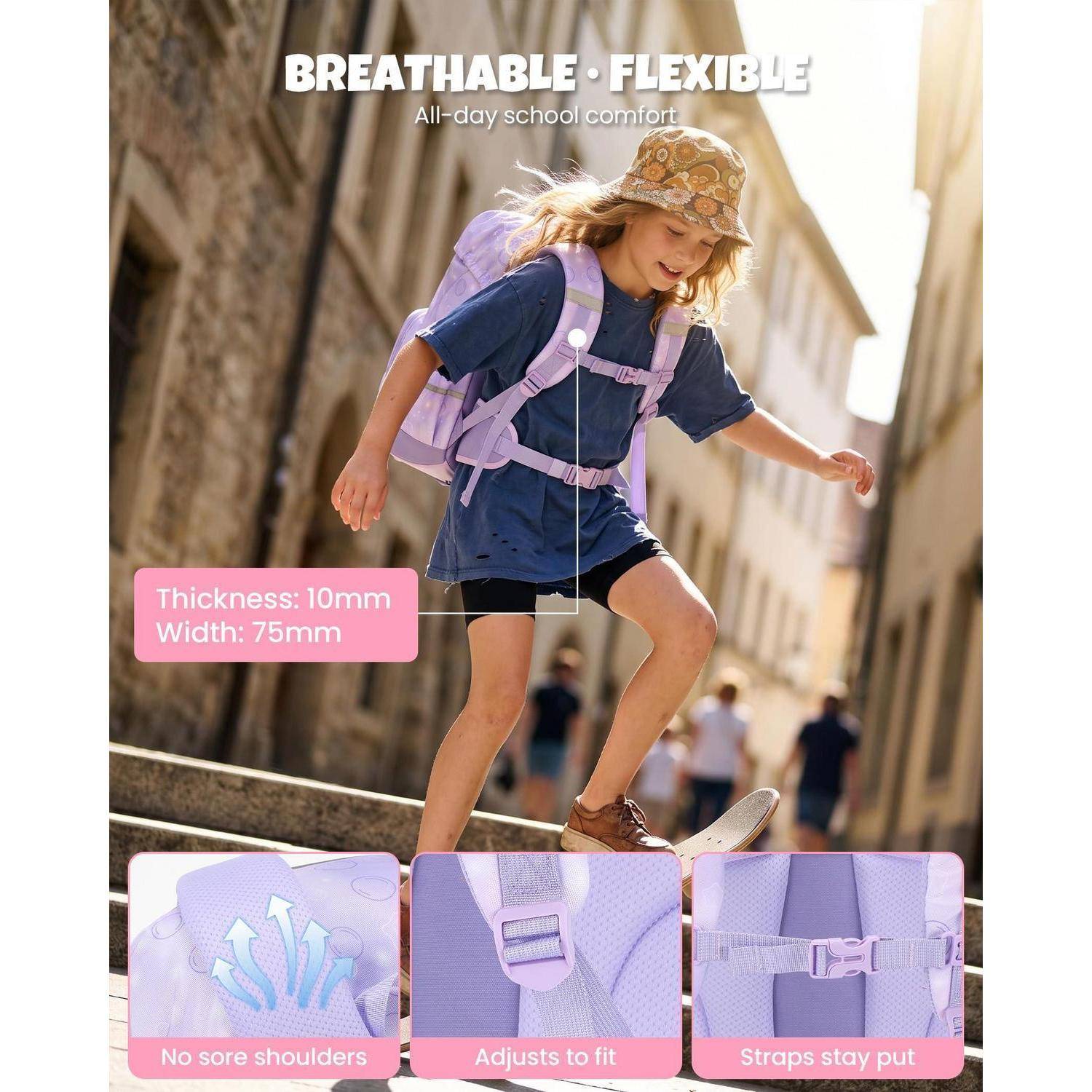 Amythe Schulrucksack Mädchen 1.-5. Klasse, 18L, Lila-Sterne, abnehmbarer Gürtel