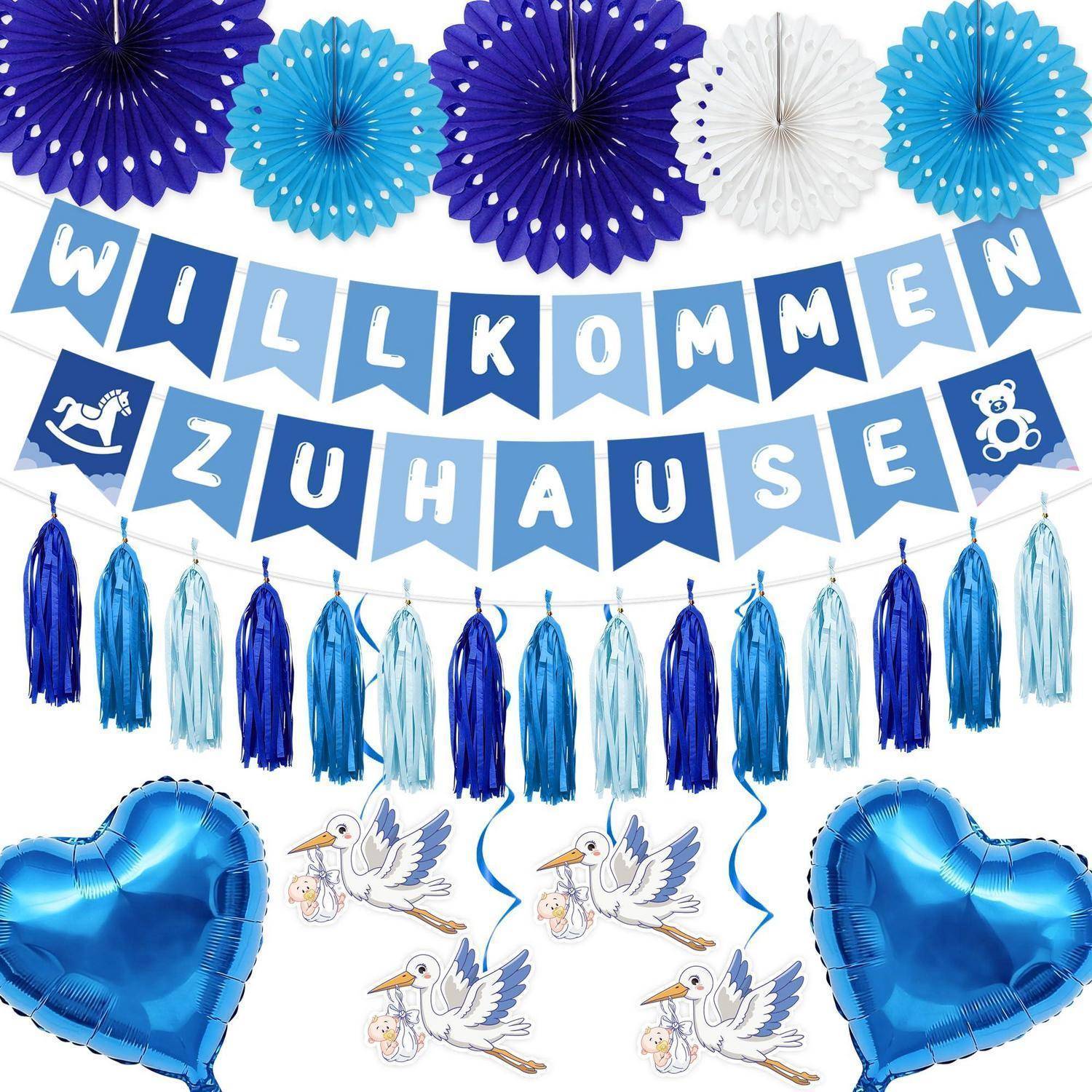 Blau und weiße Babyparty-Dekorationen mit „WILLKOMMEN ZU HAUSE