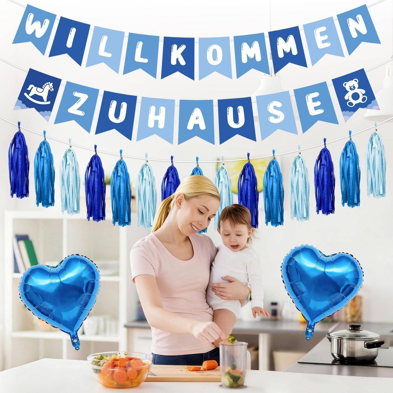 Deko-Set Baby Blau Storch Herz Folienballons Papierfächer