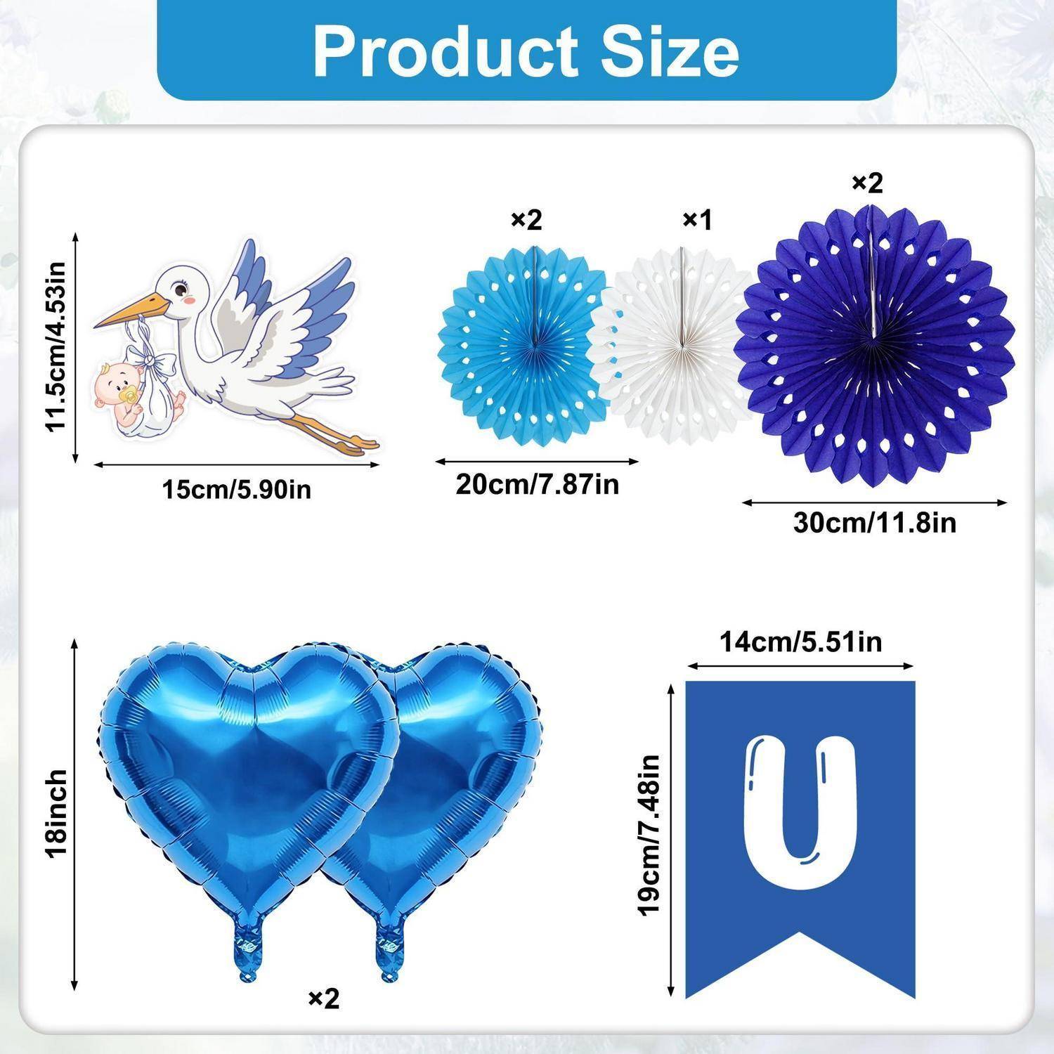 Deko-Set Baby Blau Storch Herz Folienballons Papierfächer