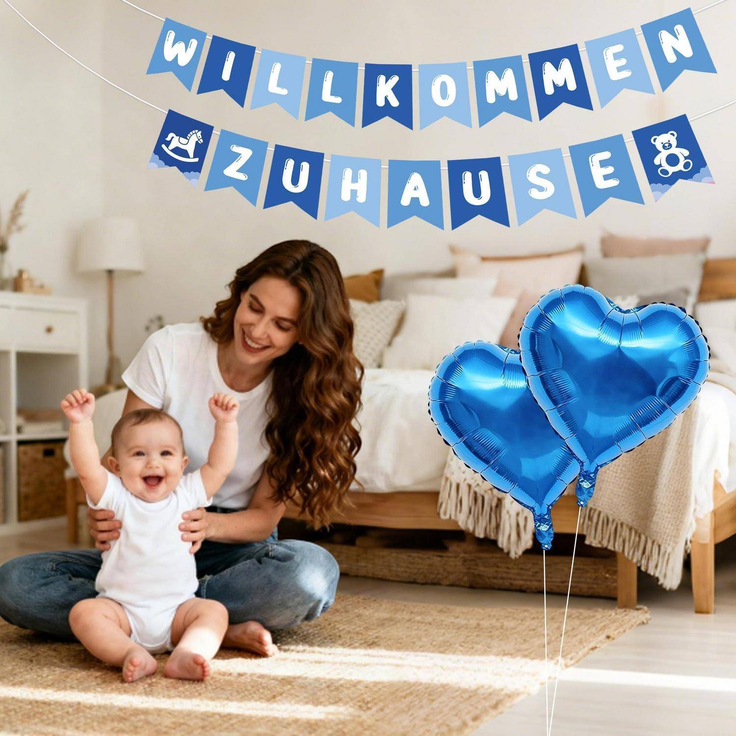 Deko-Set Baby Blau Storch Herz Folienballons Papierfächer