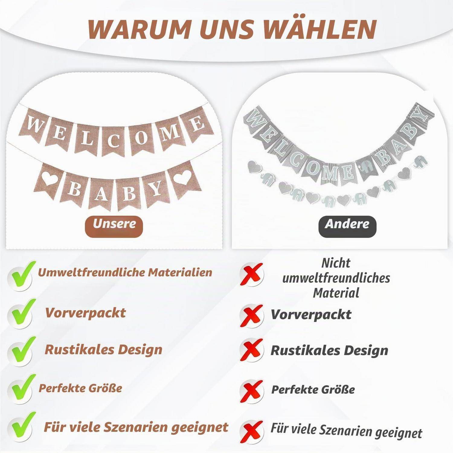 Jute Baby Banner Willkommen Girlande Rustikal Leinen Wimpelkette