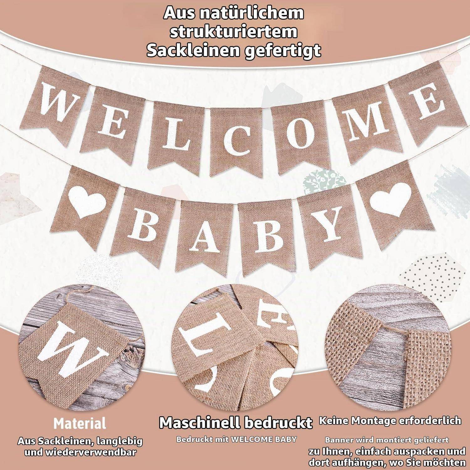 Jutefahnen-Wimpelkette mit der Aufschrift „WILLKOMMEN BABY" und Herzen, dargestellt mit Nahaufnahmen der Materialdetails und deutschem Text, der die natürliche strukturierte Jute und die einfache Installation hervorhebt.