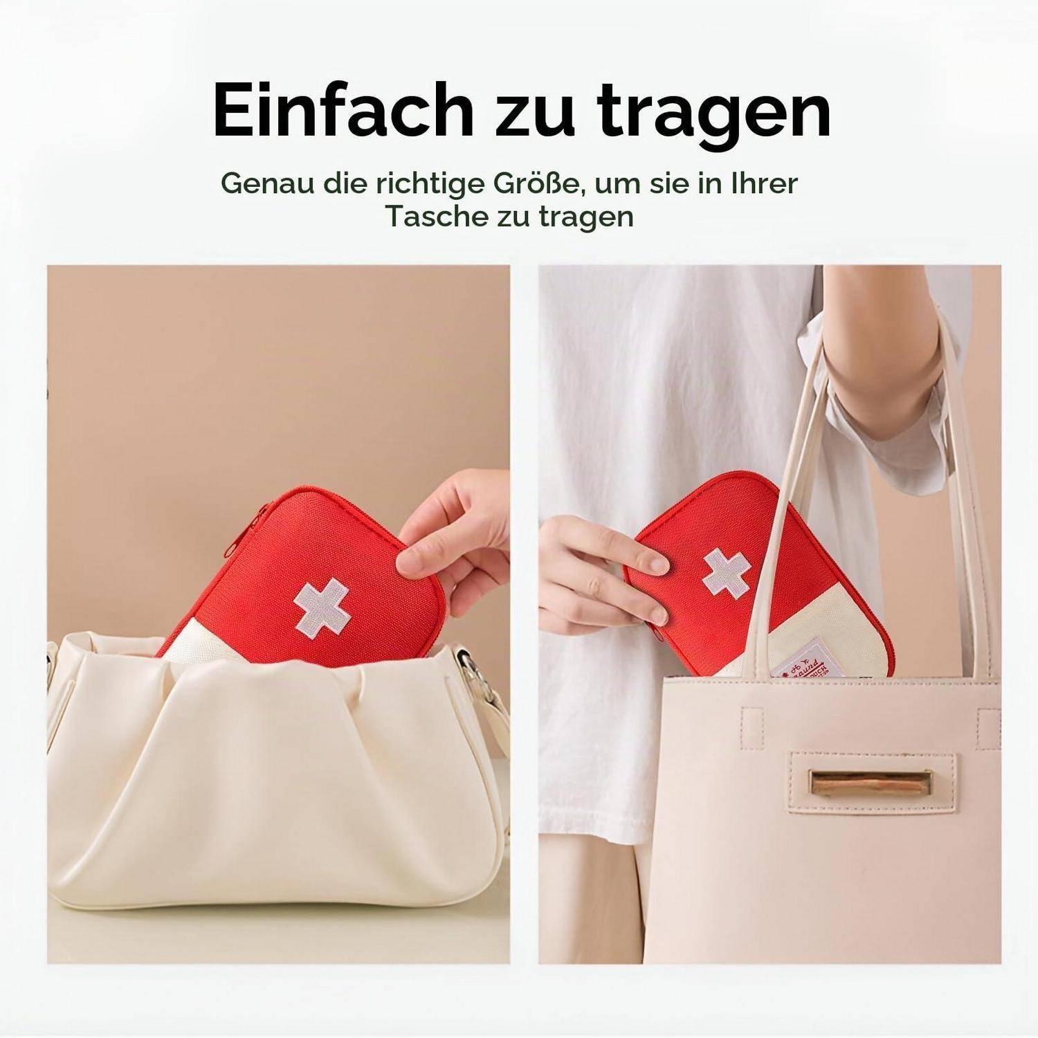 Kleine rote Erste-Hilfe-Tasche passt problemlos in eine cremefarbene Tragetasche; die Überschrift lautet „Einfach zu tragen" und besagt, dass die richtige Größe für Ihre Tasche ist.