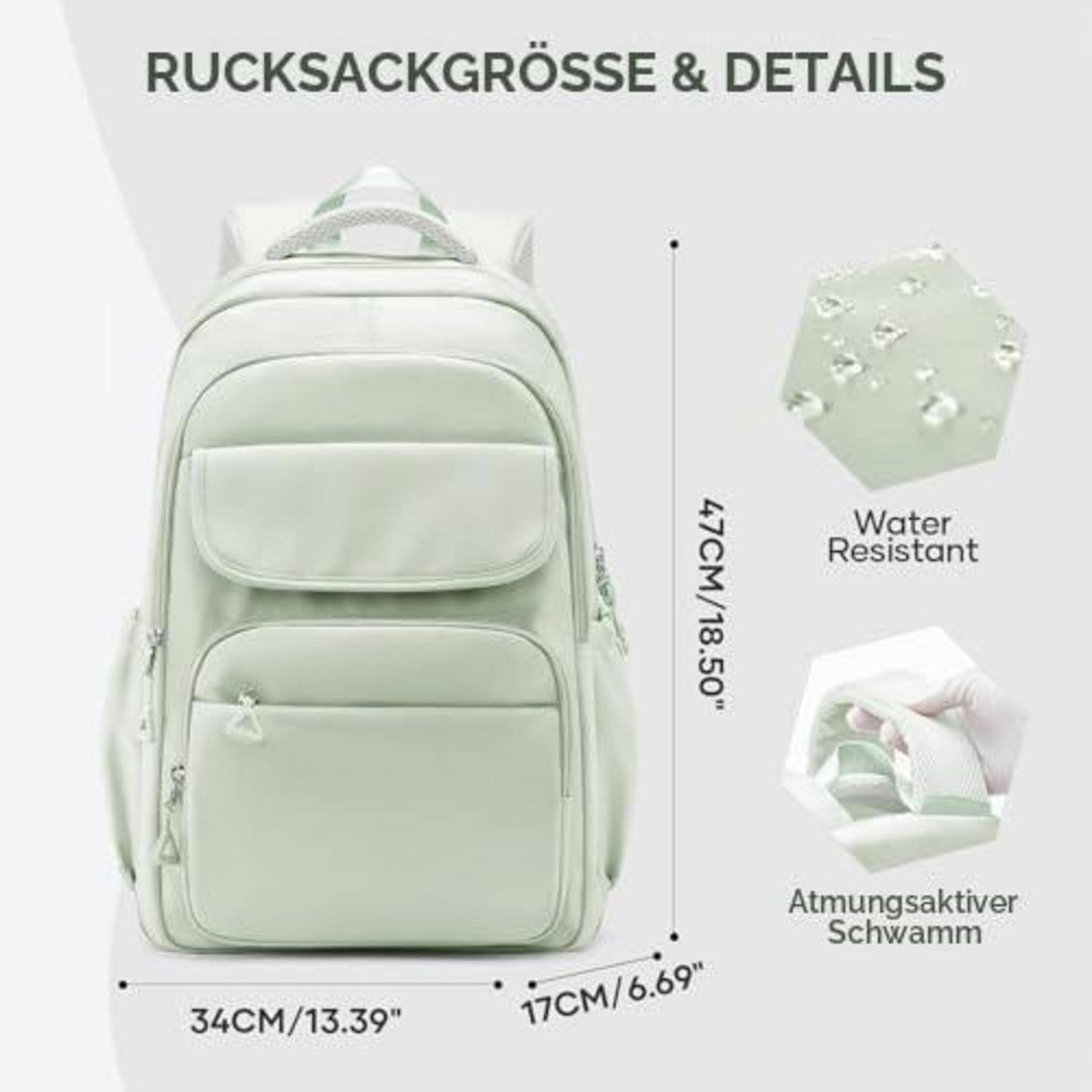 Schulrucksack 15,6 Zoll Laptop Rucksack mintgrün wasserabweisend