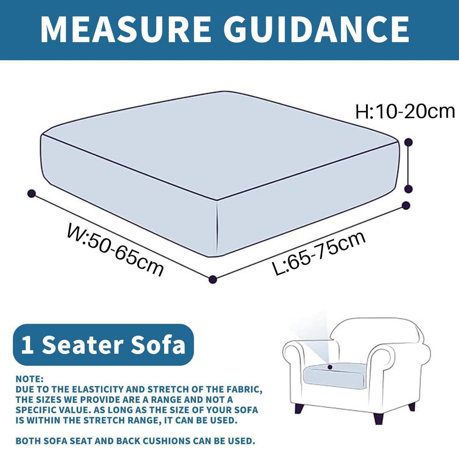 Das Diagramm zeigt eine Anleitung zur Passform einer Sofaschonbezug für 1 Sitzer mit den Abmessungen B: 50-65 cm, L: 65-75 cm, H: 10-20 cm, mit dem Hinweis auf dehnbaren Stoff und Verwendung auf Sitz- und Rückenkissen.