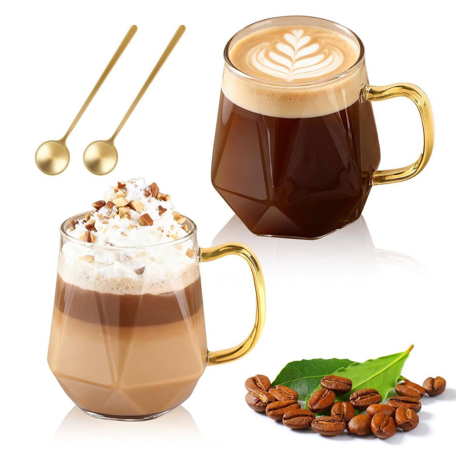 Latte Macchiato Gläser Set 2-teilig 350ml mit Griff und Löffel