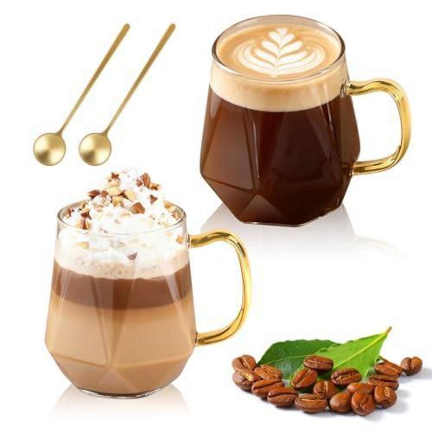 Latte Macchiato Gläser Set 2-teilig 350ml mit Griff und Löffel