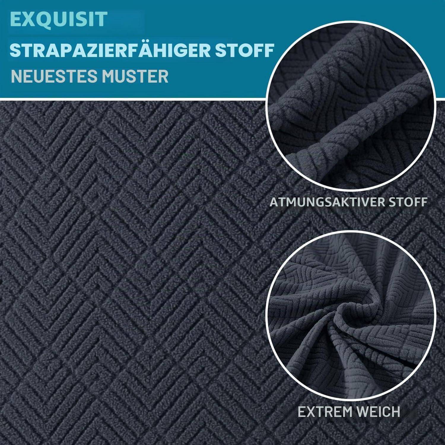 Anzeige für strukturiertes dunkelgraues Gewebe mit Nahaufnahmen, die atmungsaktives Material und "äußerst weiches"" Drapieren hervorheben; Text lautet ""exquisit"", ""strapazierfähiger Stoff"", ""neuestes Muster"".