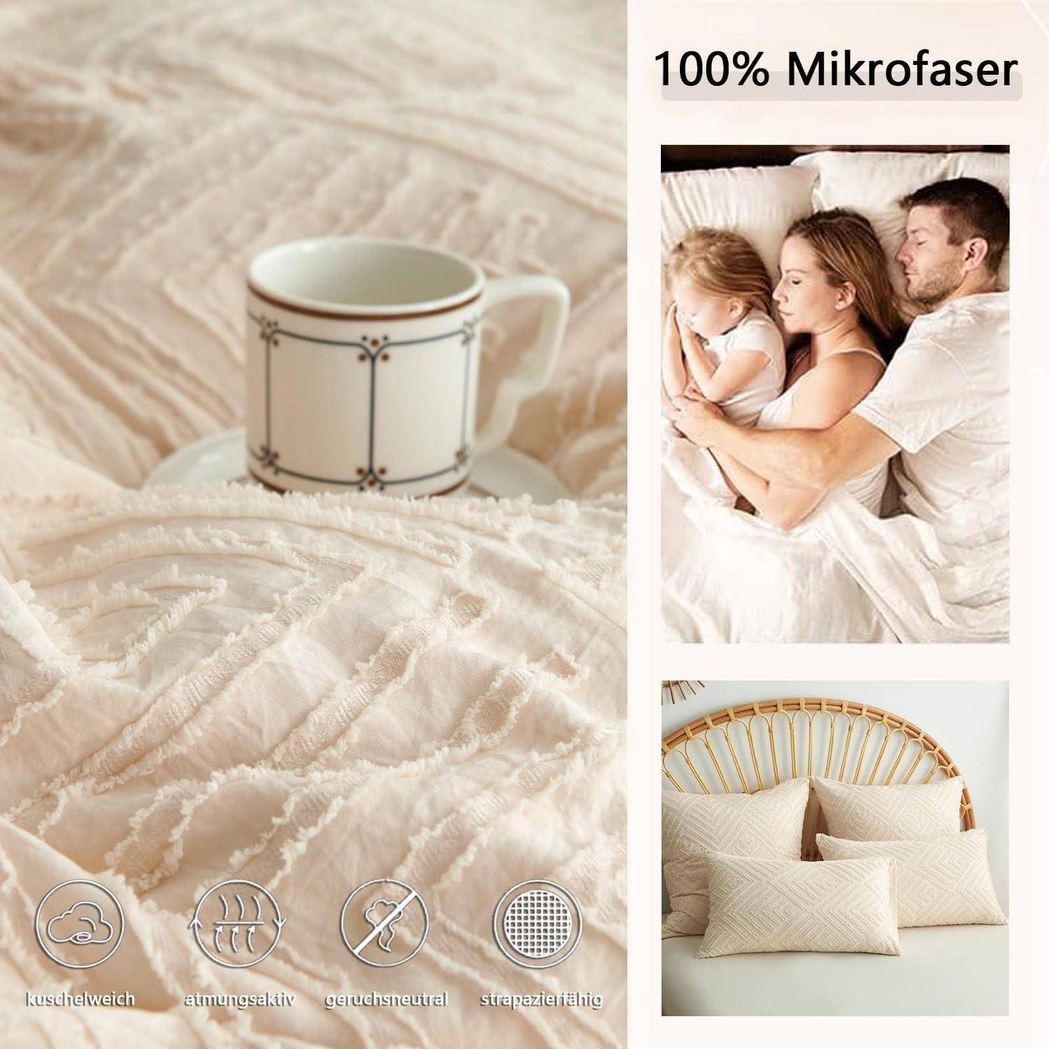 Werbebild von beiger Mikrofaser-Bettwäsche mit einer Tasse, plus eingefügte Fotos von schlafendem Paar und Kissen; Text sagt „100% Mikrofaser" und Symbole deuten auf weich, atmungsaktiv, geruchsneutral, langlebig hin.