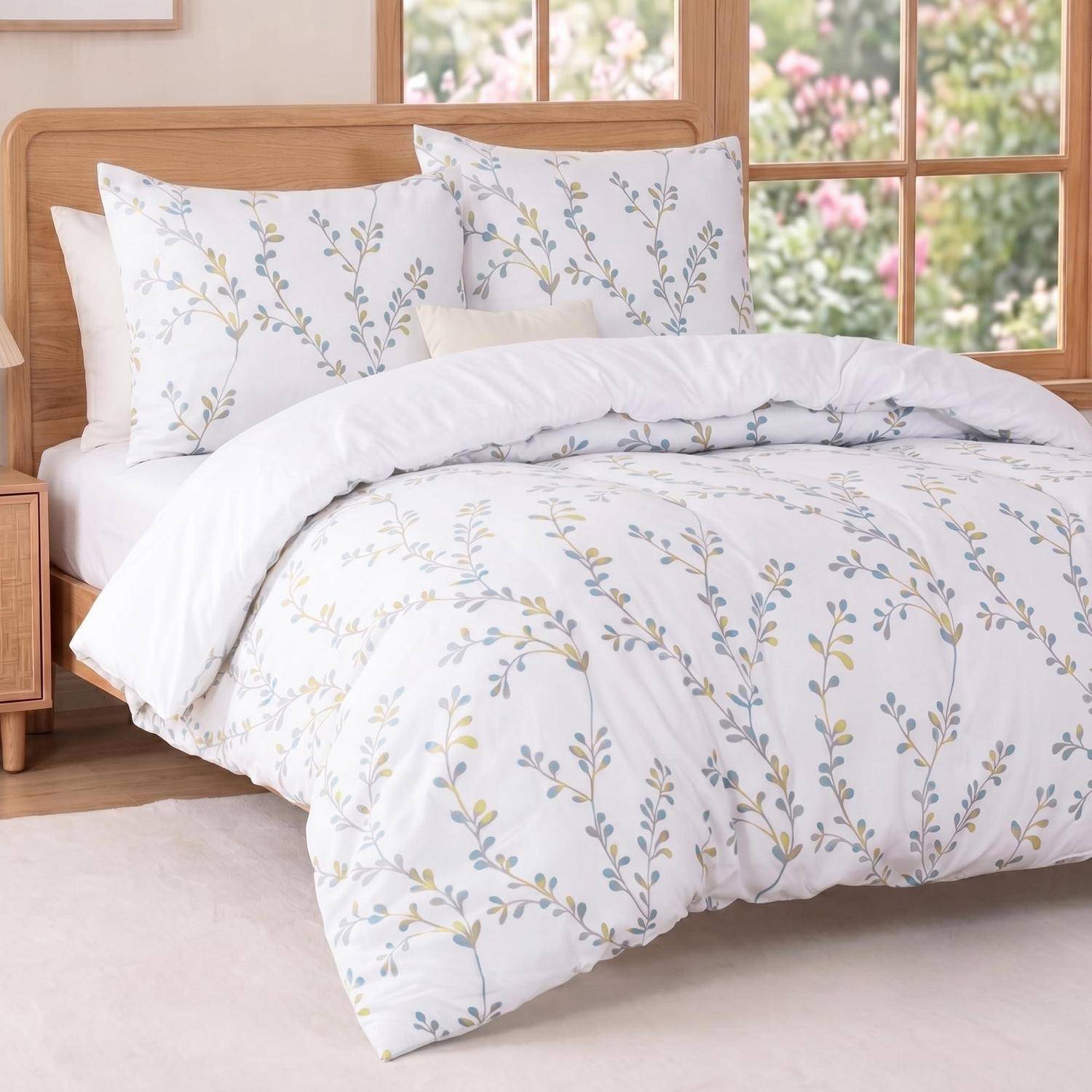 Weißes Bettwäscheset mit zartem Blumen- und Blattmuster auf dem Bett, gezeigt in einem hellen Schlafzimmer neben einem hölzernen Kopfteil und Fenster.