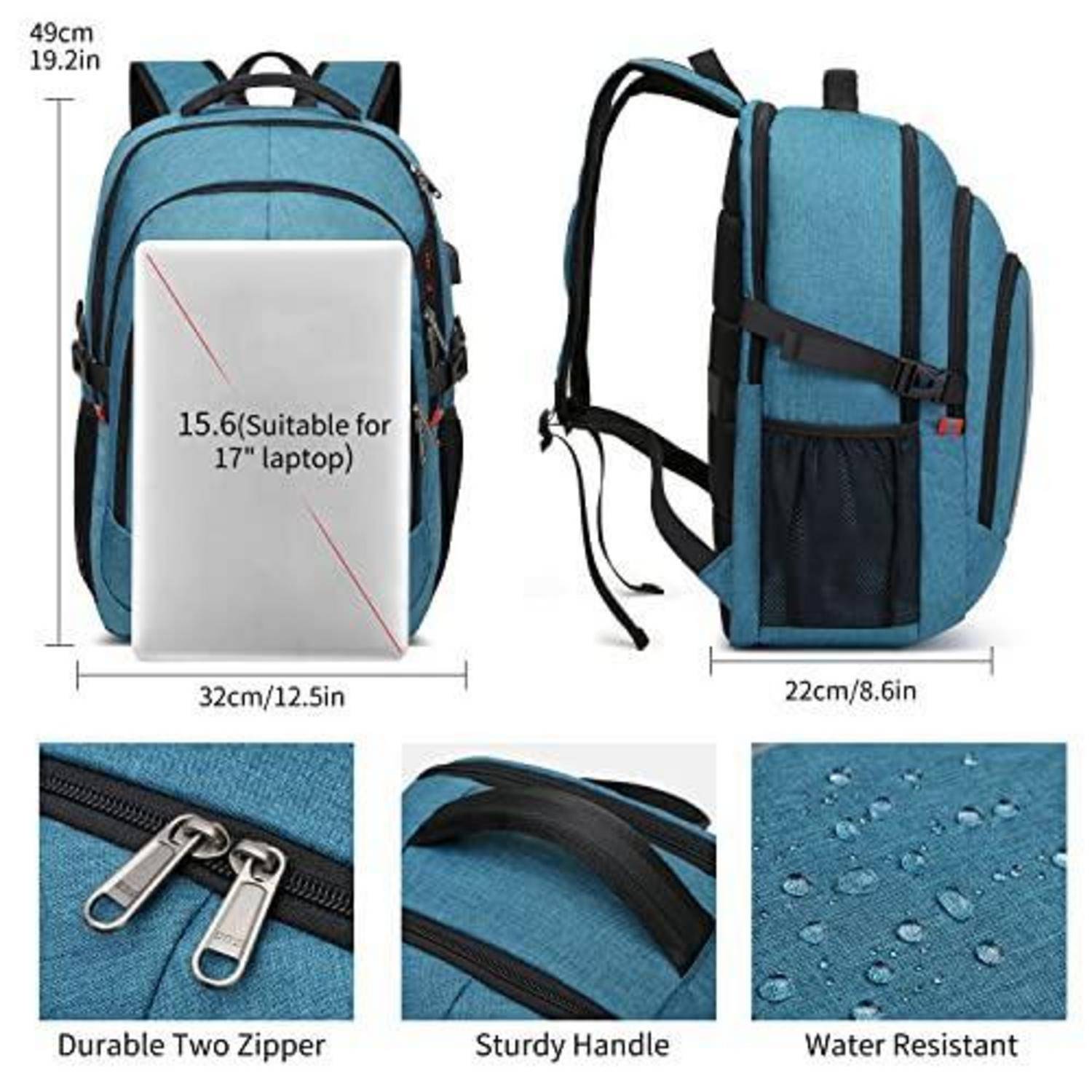 Cafele Rucksack mit USB-Anschluss, RFID-Schutz, 17,3 Zoll, Blau