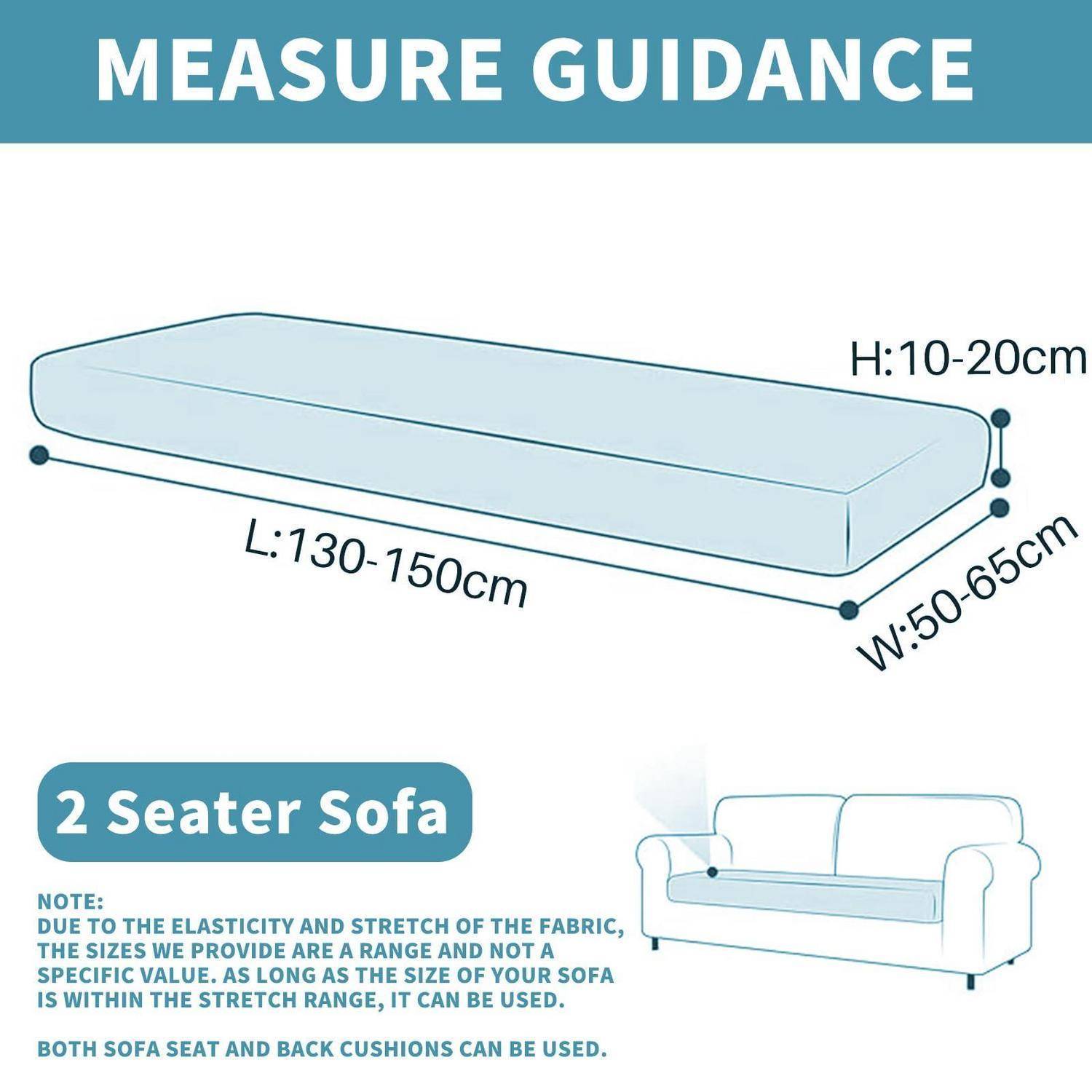 Messleitfaden für einen 2-Sitzer-Sofabezug: L 130-150 cm, B 50-65 cm, H 10-20 cm; verwenden Sie Sitz- und Rückenkissen.