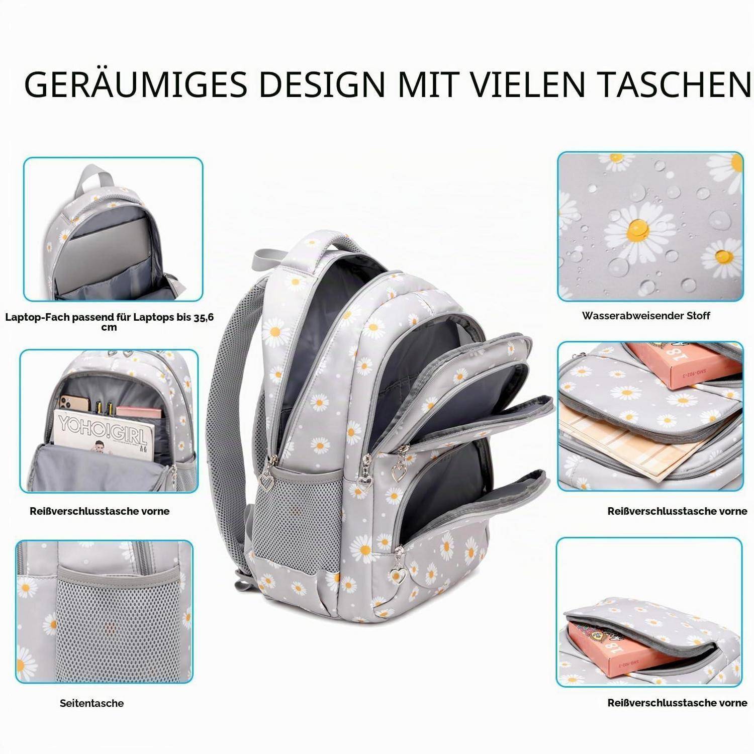 Grauer Blumenmuster-Rucksack mit mehreren Taschen, einschließlich eines Laptop-Fachs für bis zu 13,6 Zoll, wasserabweisendem Stoff und verschlossenen vorderen und seitlichen Taschen.