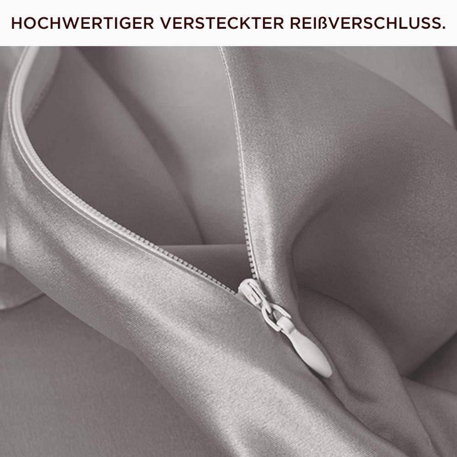 Nahaufnahme eines Satingewands mit verborgenem Reißverschluss, mit der Bezeichnung „HOCHWERTIGER VERSTECKTER REIßVERSCHLUSS."