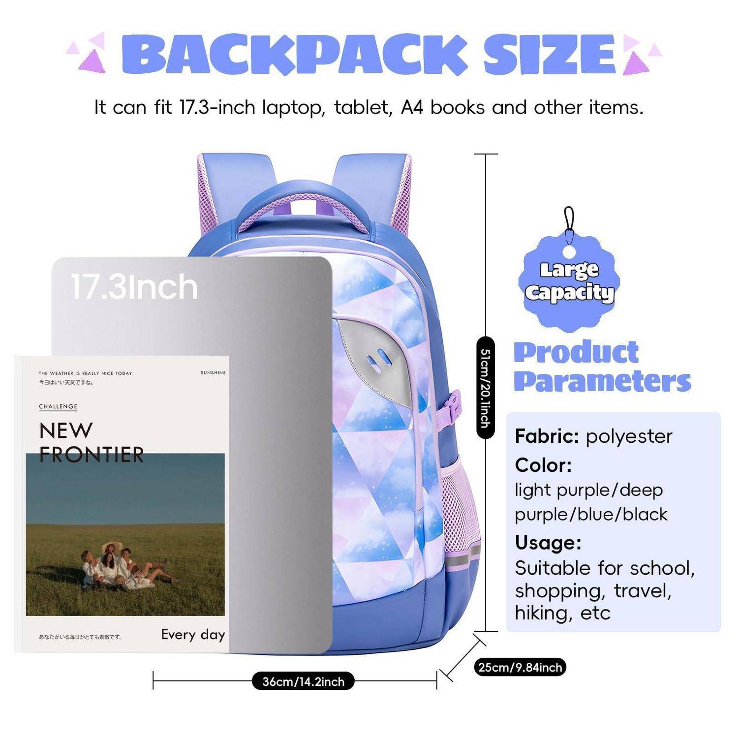 Amythe Schulrucksack Mädchen 46L Hellblau Wasserdicht Robust