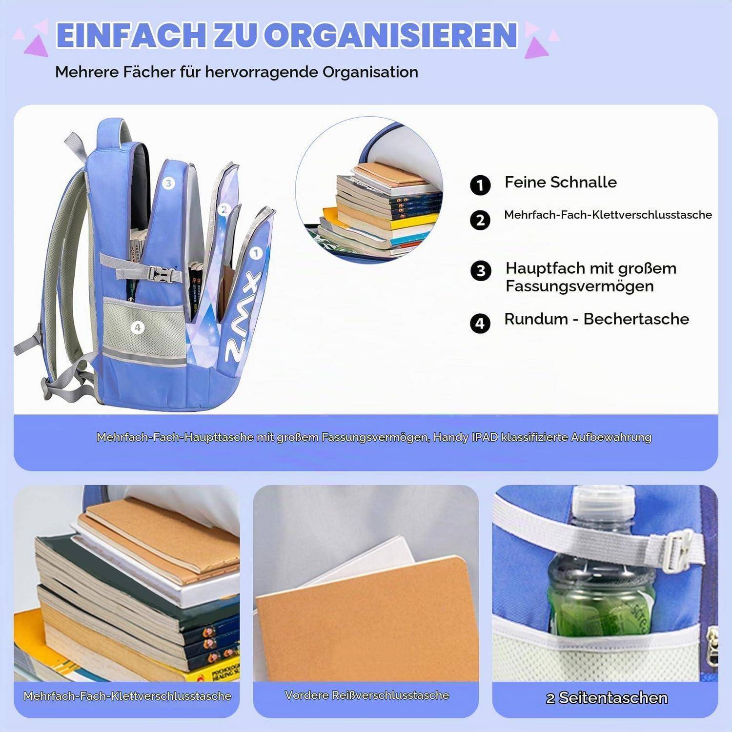 Amythe Schulrucksack Mädchen 46L Hellblau Wasserdicht Robust