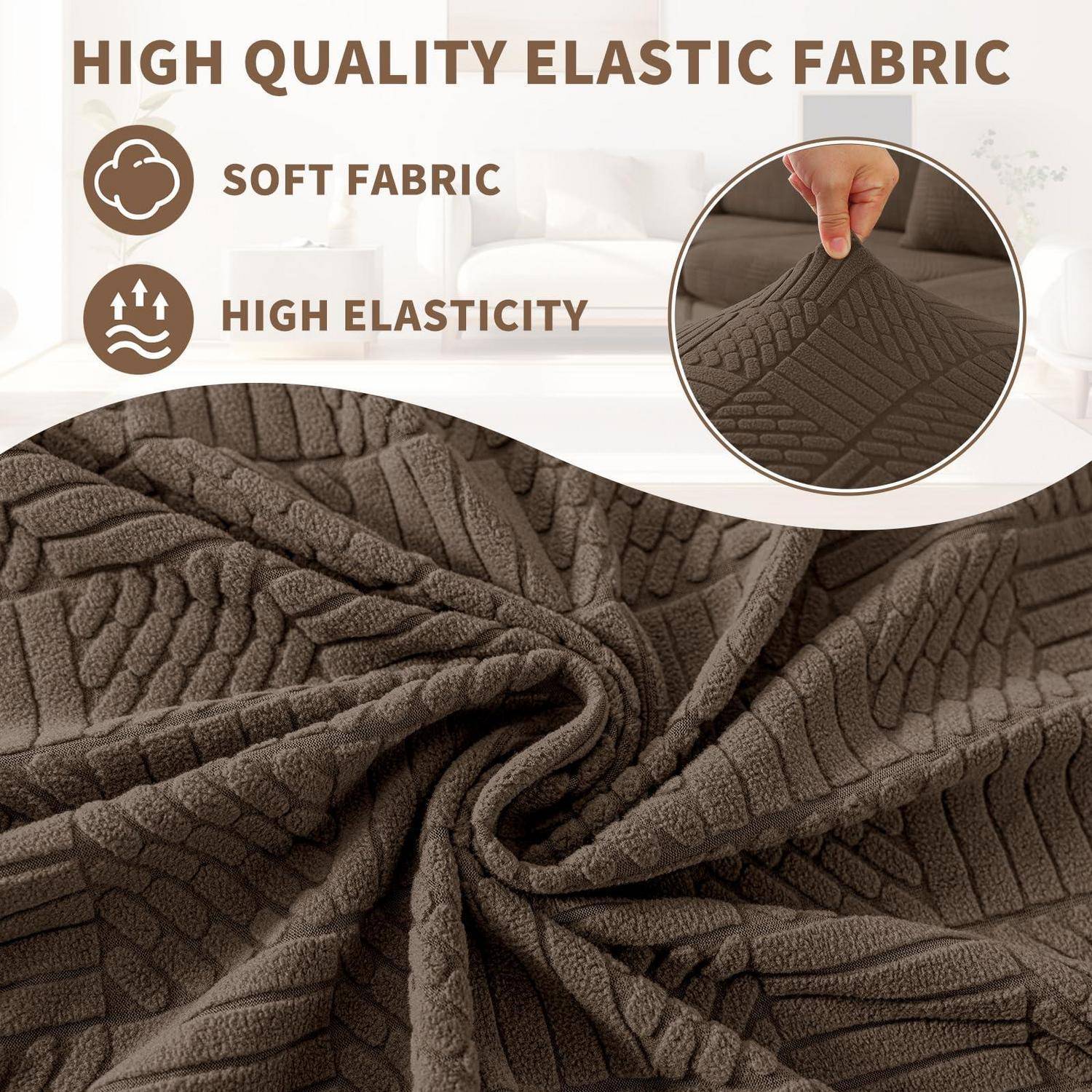 Braunes strukturiertes Stoff-Promo mit der Aufschrift „HOCHWERTIGE ELASTISCHE STOFFE", mit Symbolen für „WEICHER STOFF"" und „HOHE ELASTIZITÄT"" und einer Hand, die das Material dehnt.